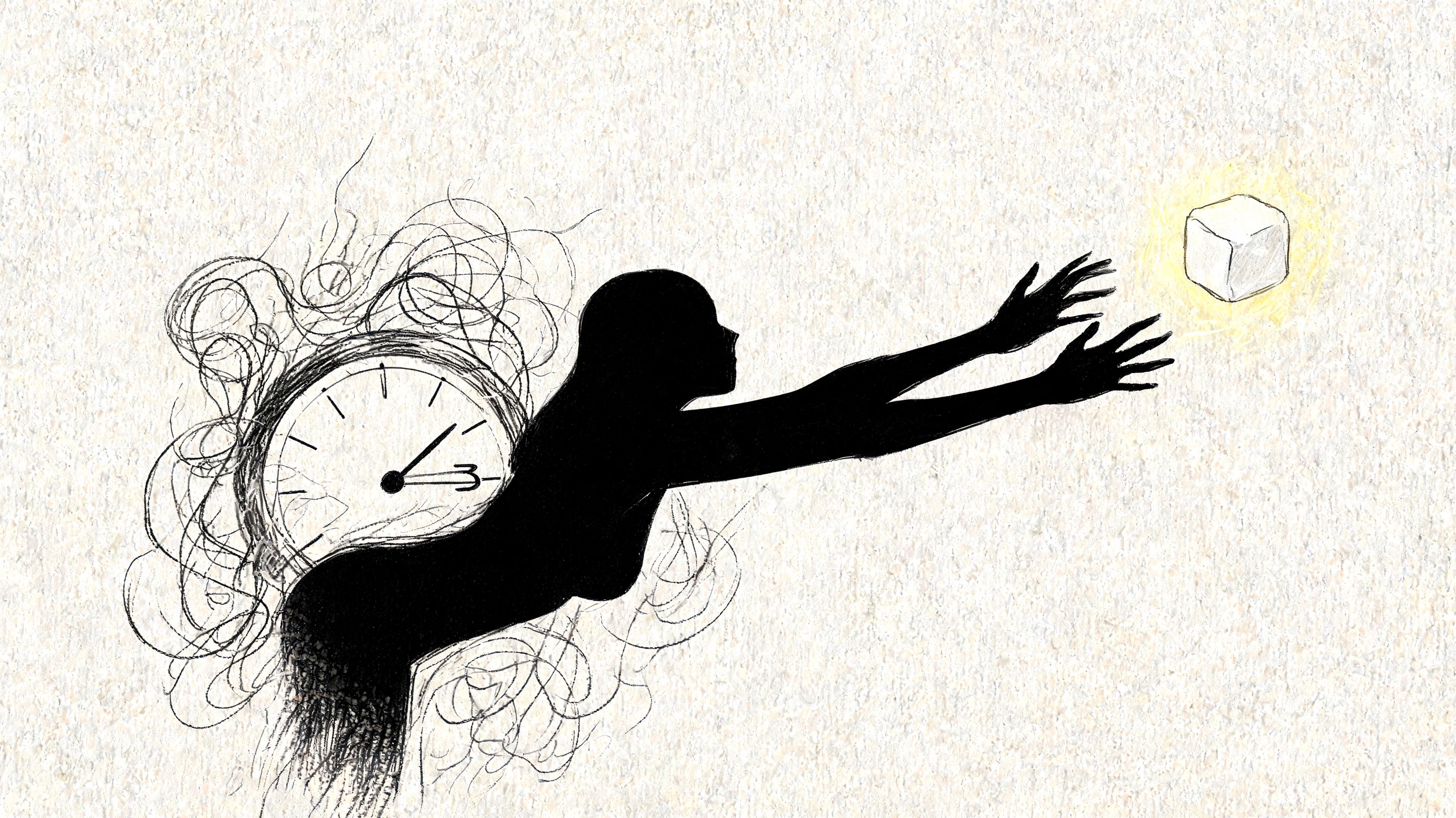 A silhouette of a person reaching out for a glowing sugar cube while trapped by time.