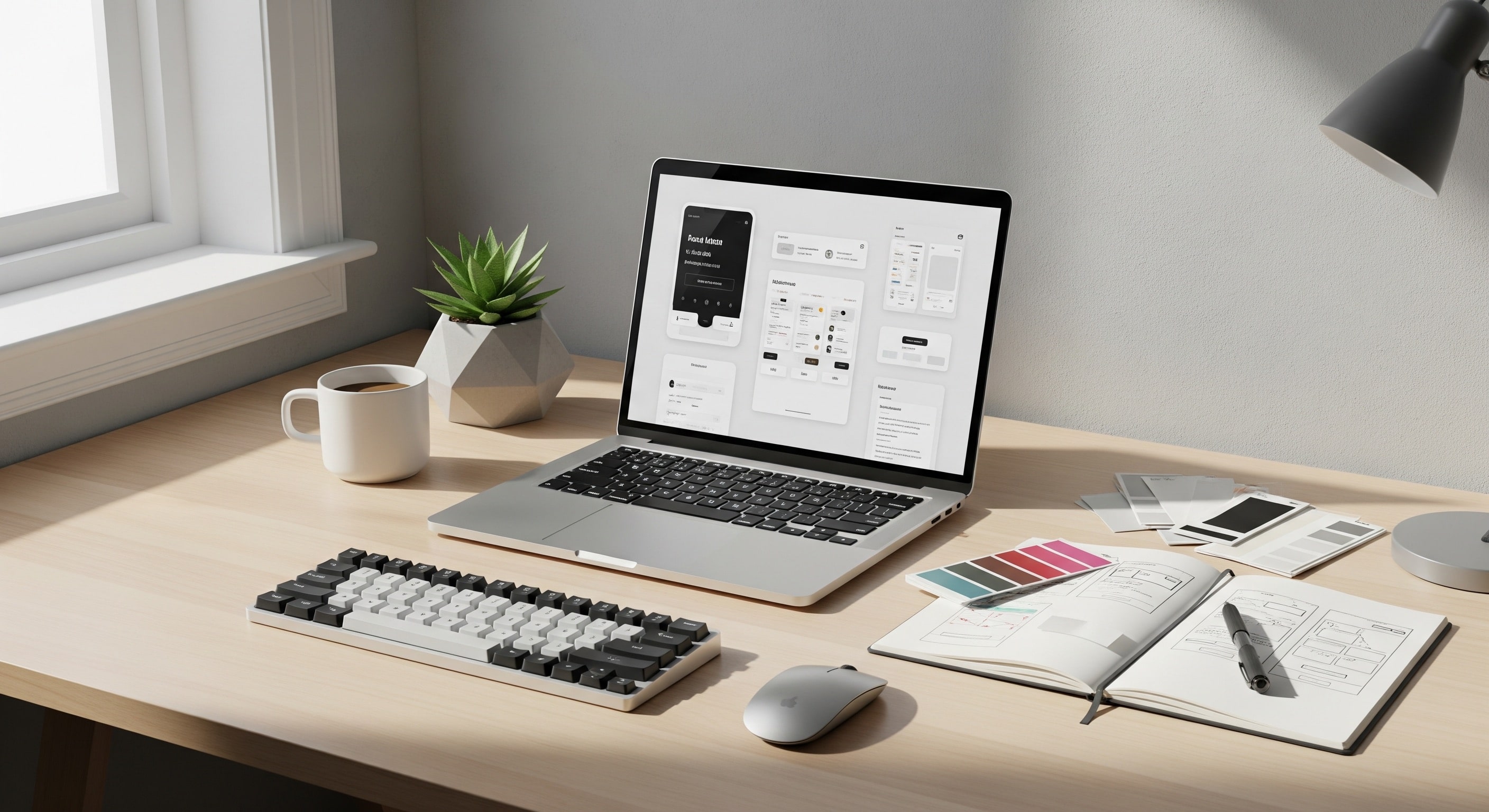 A sleek arrangement of golden rulers, white pencils, a compass, and an eraser on a white tray, perfect for a modern workspace.