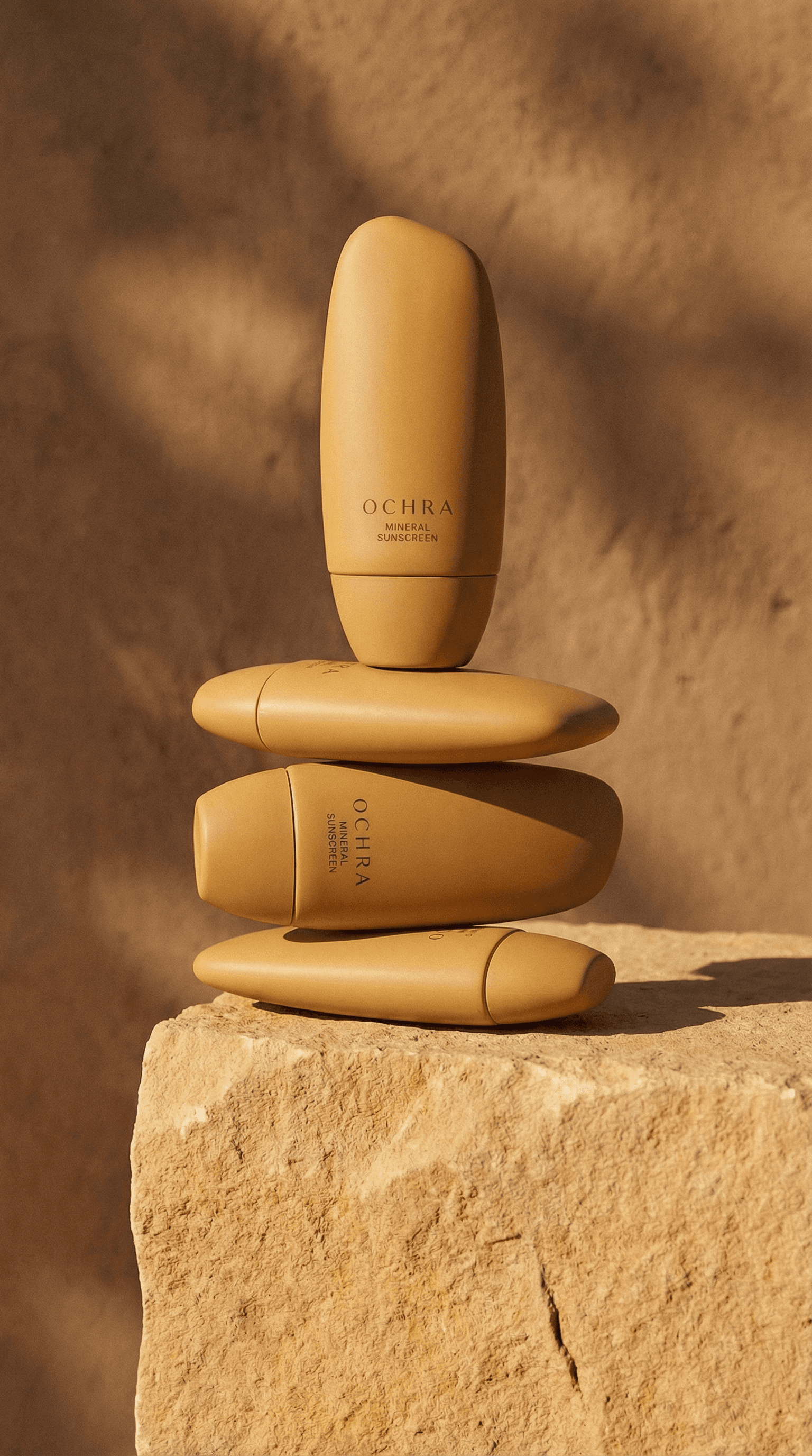 Ochra mineral sunscreen tubes stacked on stone pedestal in warm sunlight