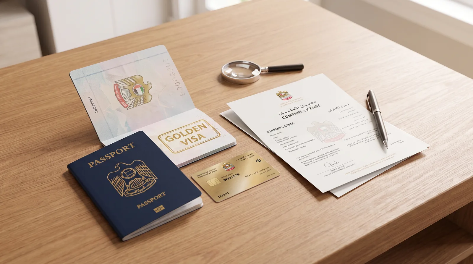 Golden Visa or Investor Visa for a Dubai Company Owner beside a passport, residence visa card and application form