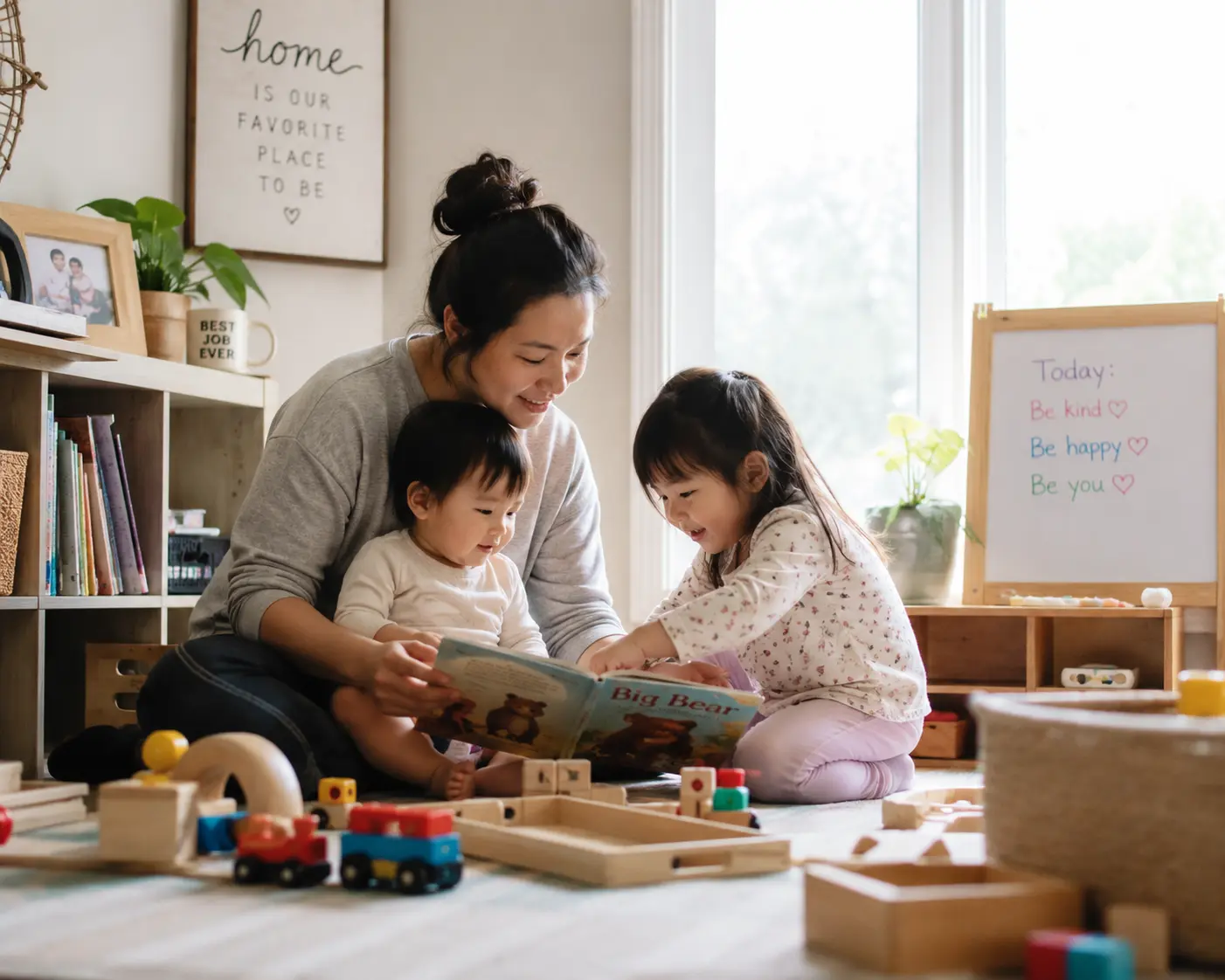 A woman sits on the floor surrounded by toys with two children looking at an open book and smiling