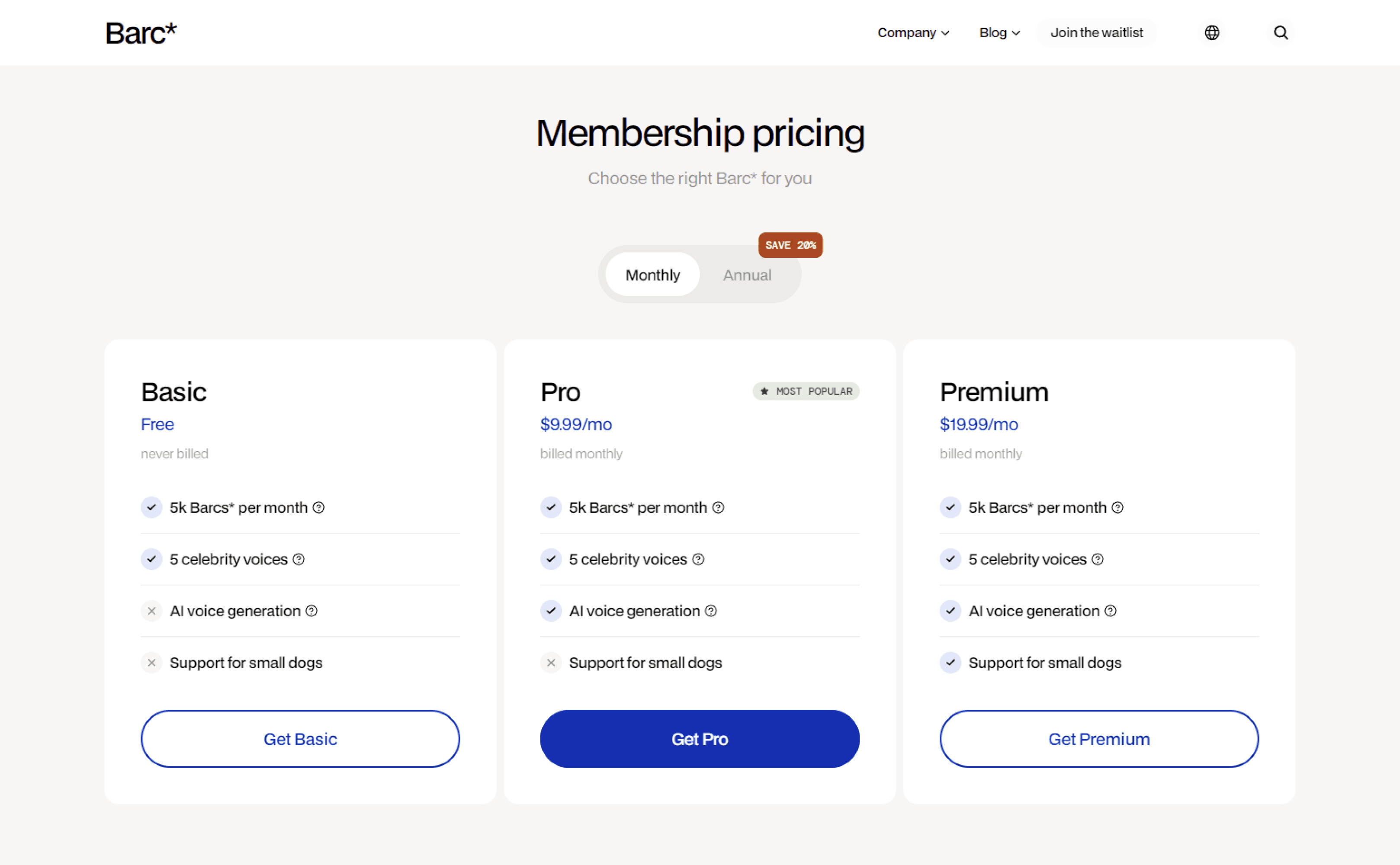 Un aperçu de la section "pricing"