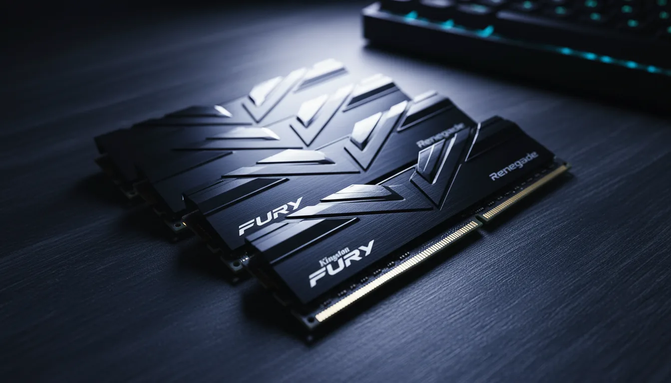 DSLR photography, a high-angle close-up of four Kingston FURY Renegade DDR4 RAM modules laid out diagonally on a dark, textured wood desk. Cinematic contrast lighting with a strong key light from the side, creating bright highlights on the dark metallic heat spreaders and casting deep, cool-toned shadows. The atmosphere is moody and technical, with a shallow depth of field that keeps the central RAM sticks in sharp focus while the foreground and background are softly blurred. A corner of a black keyboard is visible in the out-of-focus background.