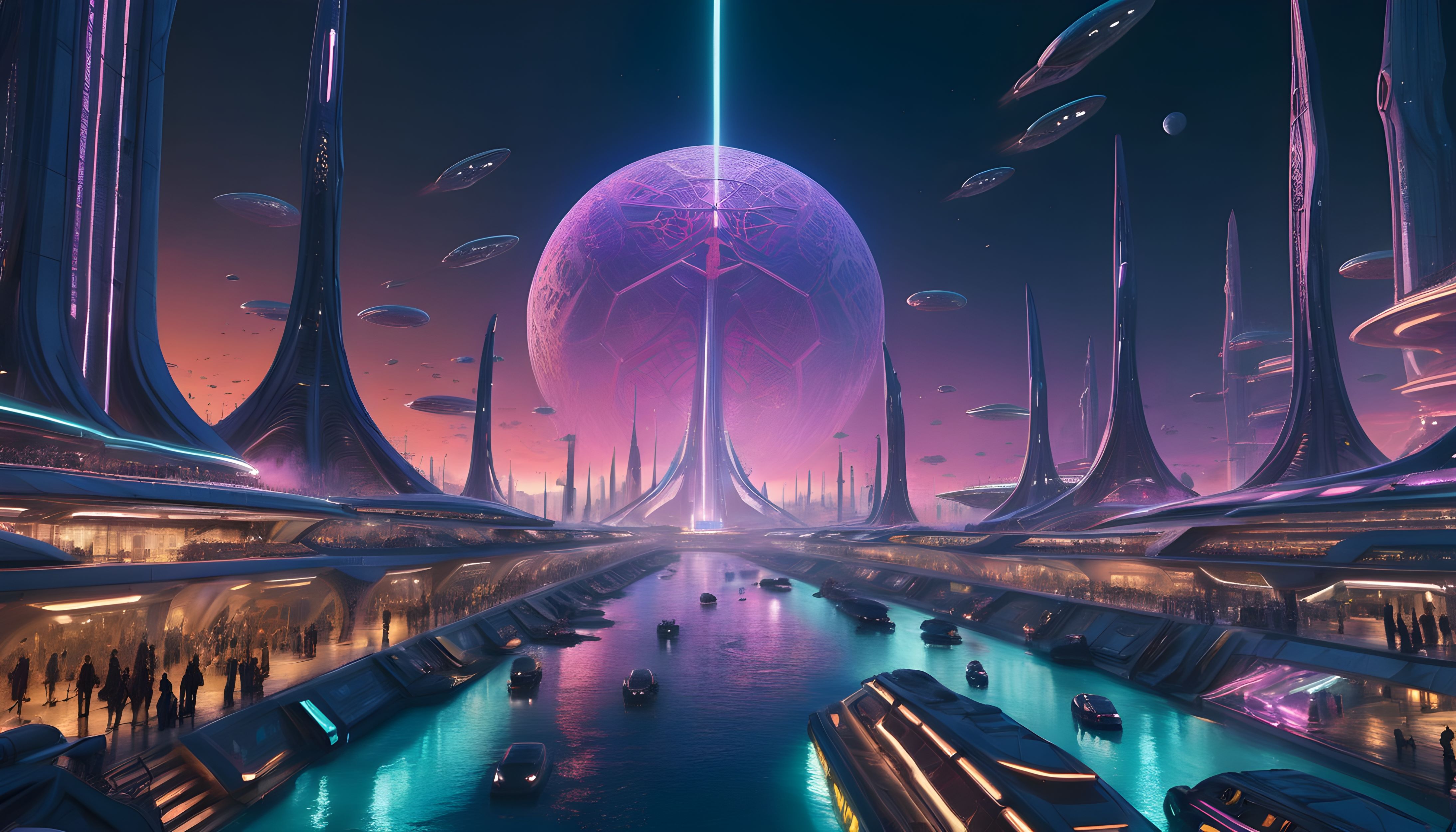 A panoramic night view image of a futuristic alien city that has a canal running the centre of it.