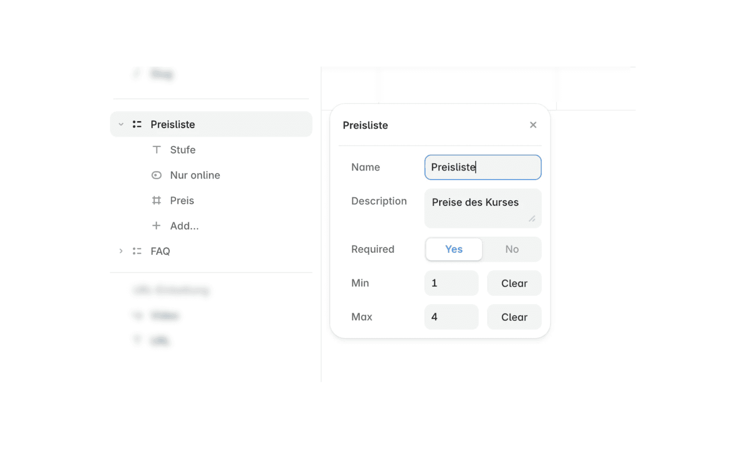 Screenshot des Framer CMS, das die Konfiguration des neuen Listen-Felds zeigt.