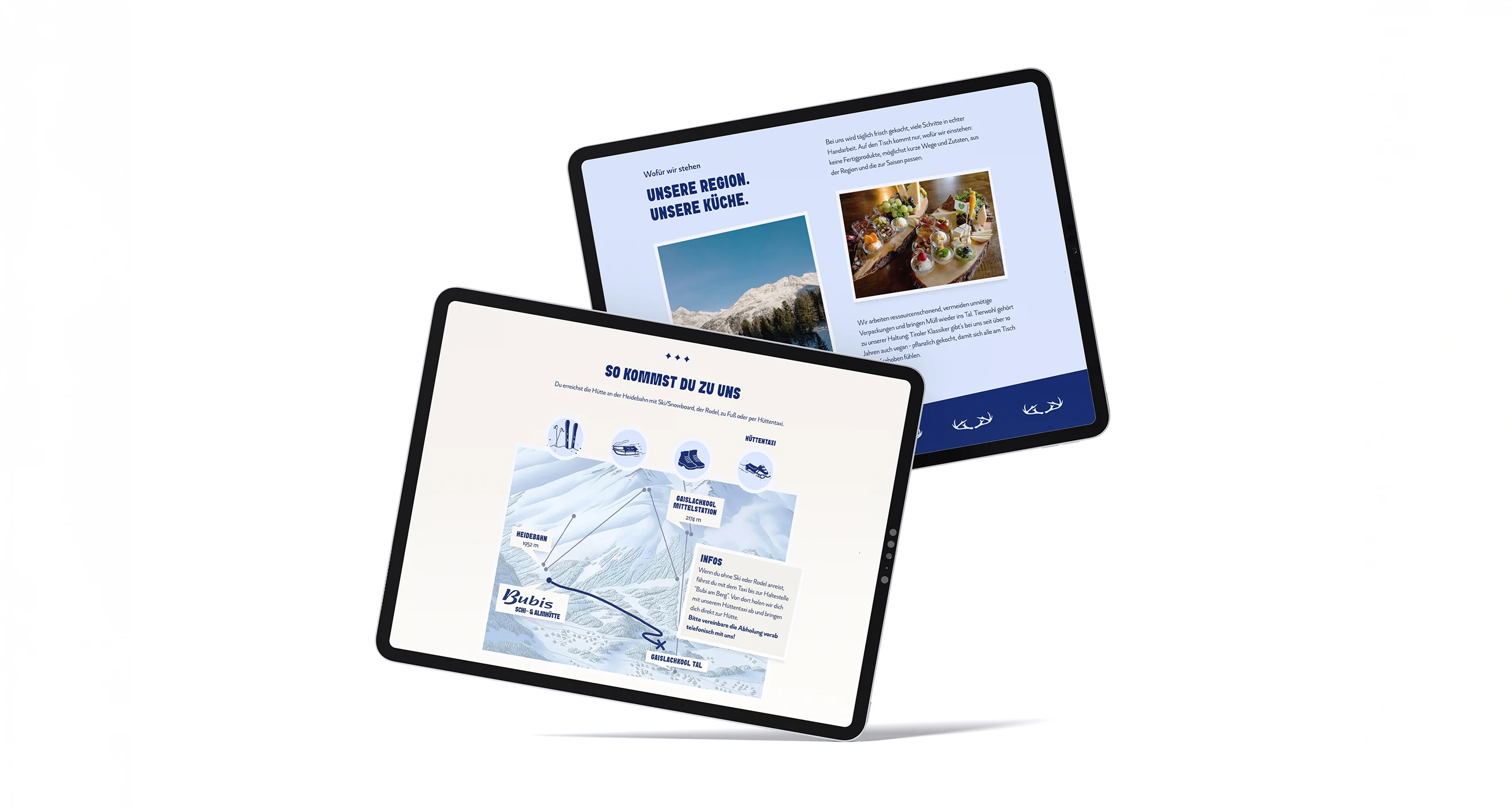 Ein Bild von zwei schwebenden Ipads welche die Website von Bubis Schihütte zeigen.