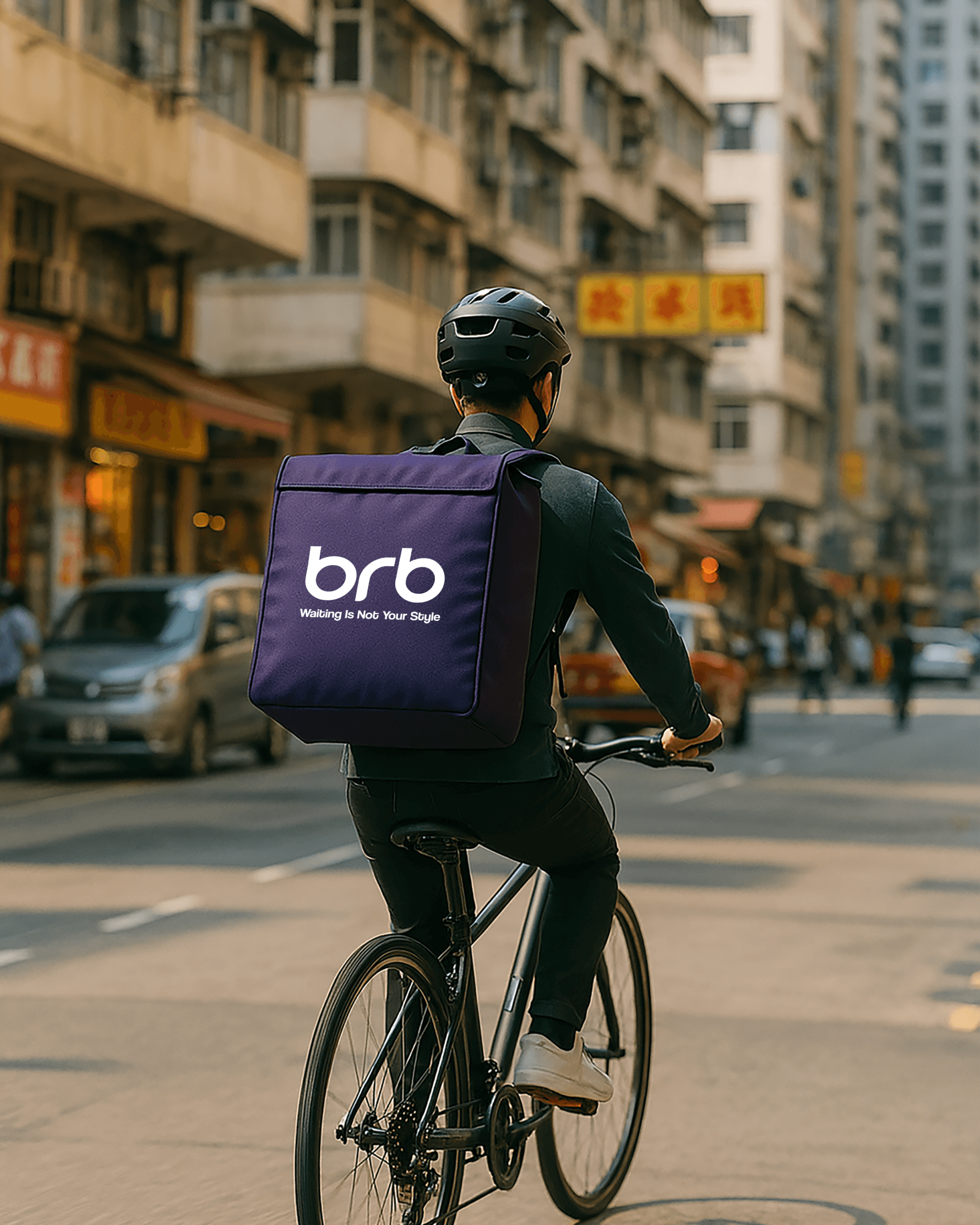 BRB fashion and lifestyle delivery rider on a bicycle in a Hong Kong street