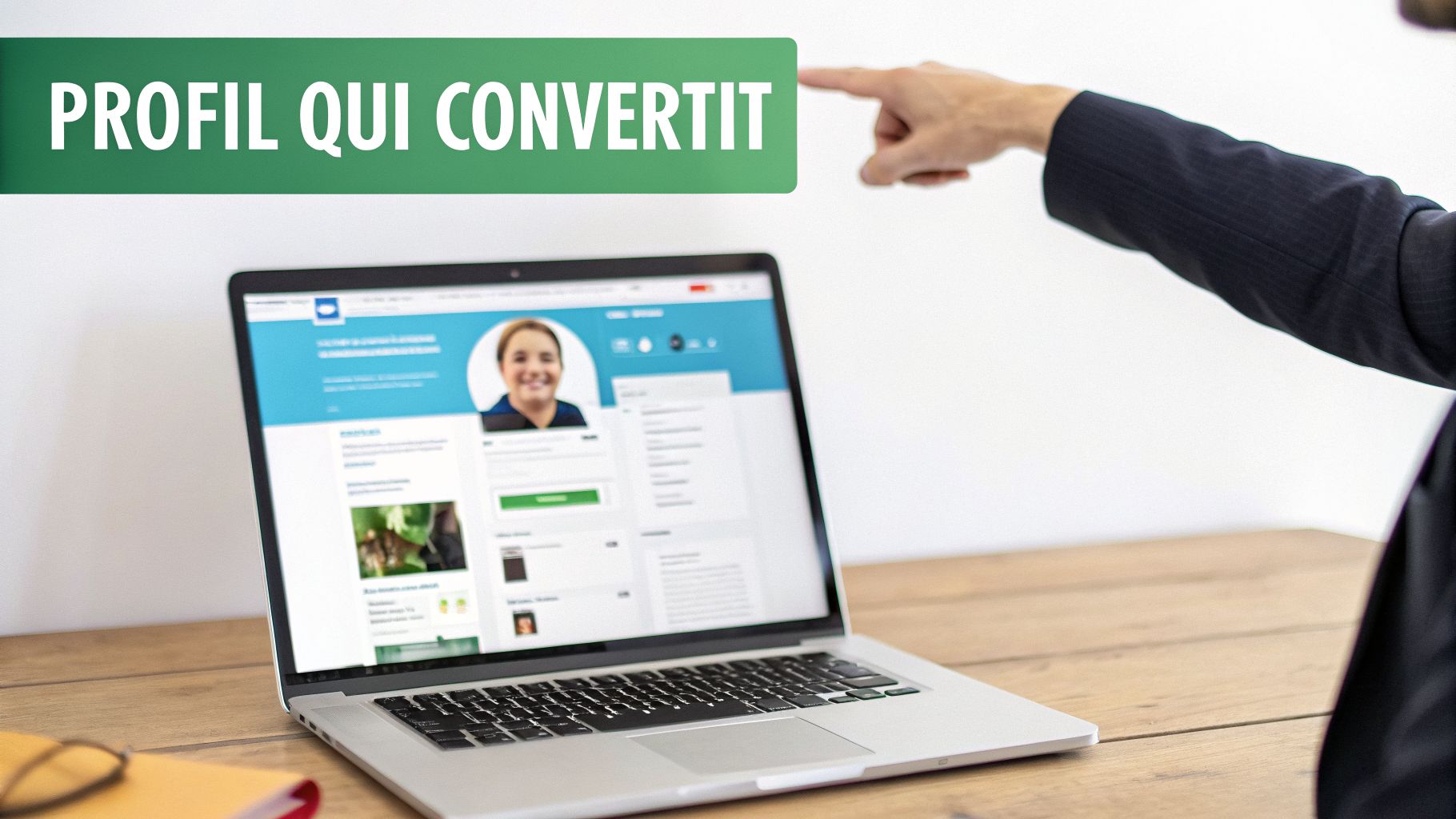 Un homme d'affaires pointe le texte « PROFIL QUI CONVERTIT » au-dessus d'un ordinateur portable affichant un profil.