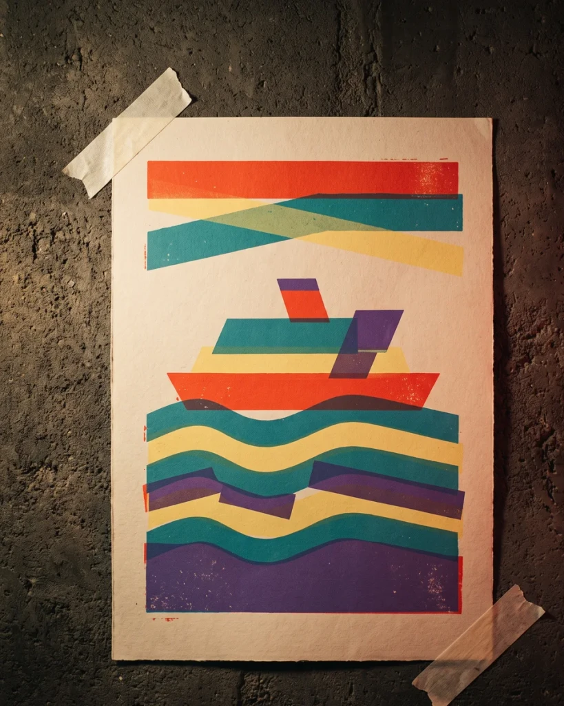A screen-printed poster of a ferry on striped waves, taped to a concrete wall