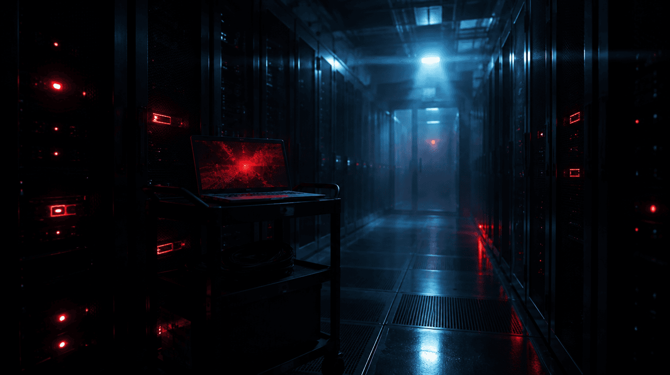 Darkened data centre aisle with red warning lights and a laptop glowing red