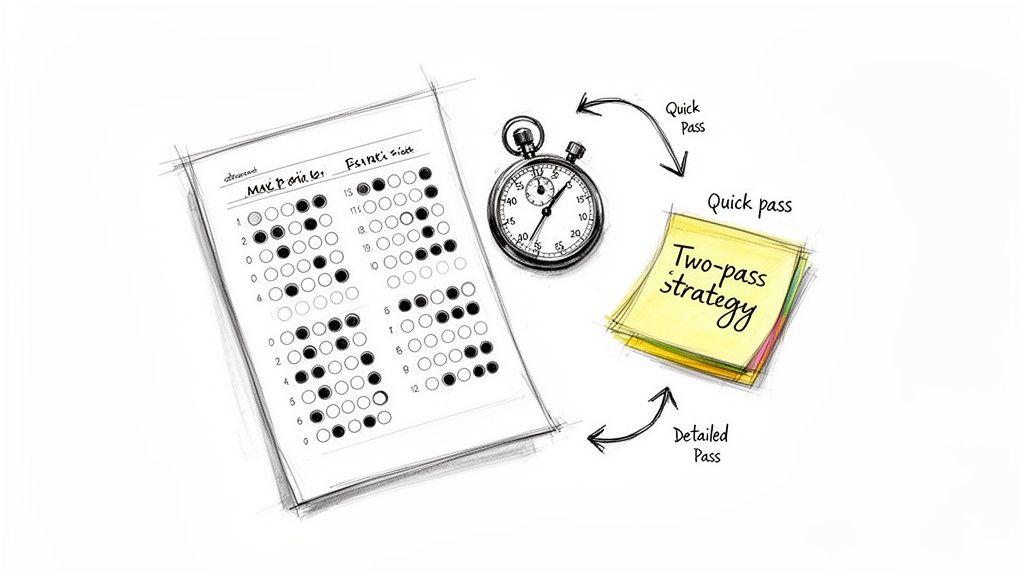 Illustration of a standardized test answer sheet, stopwatch, and a 