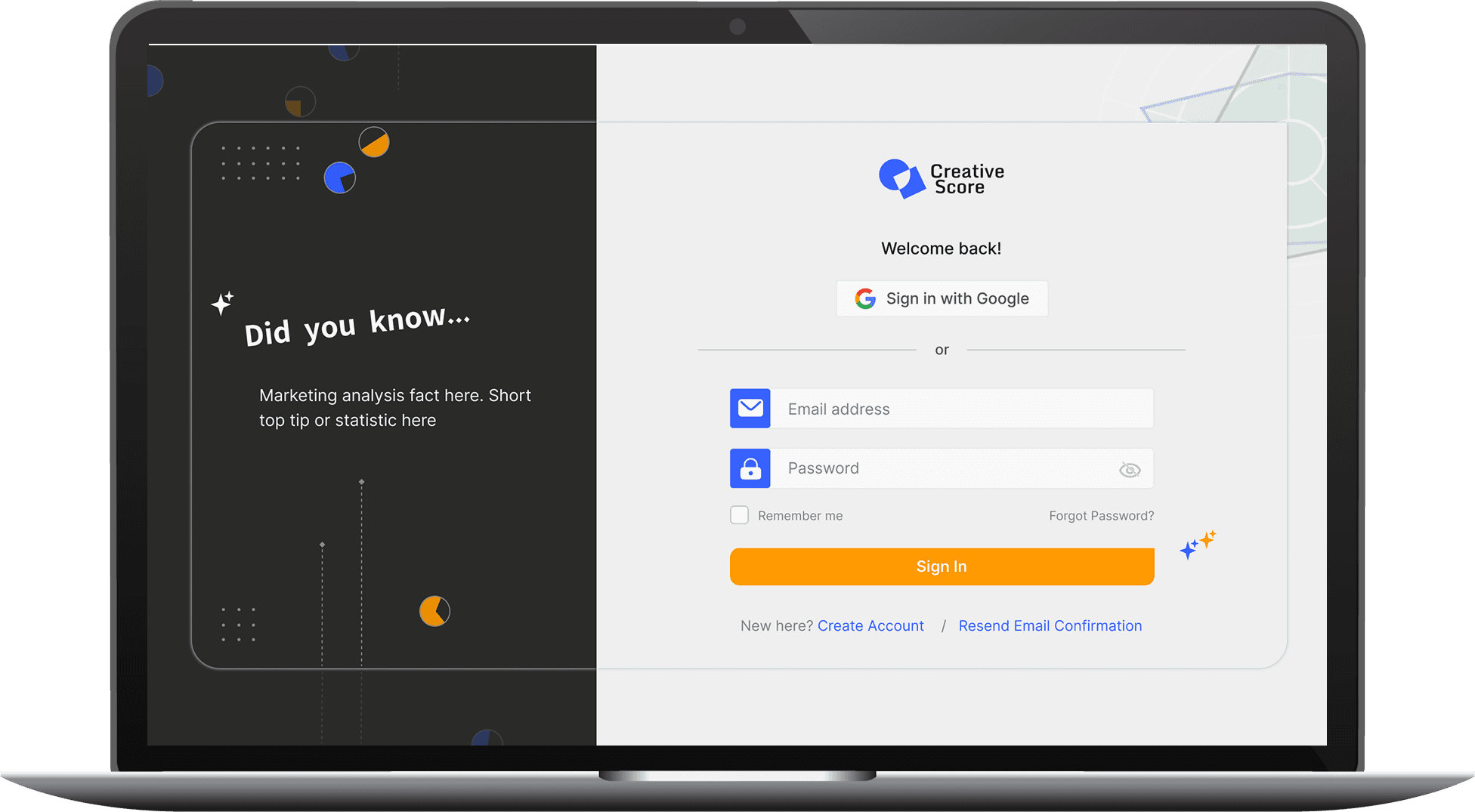 Creative Score sign up page UI in laptop