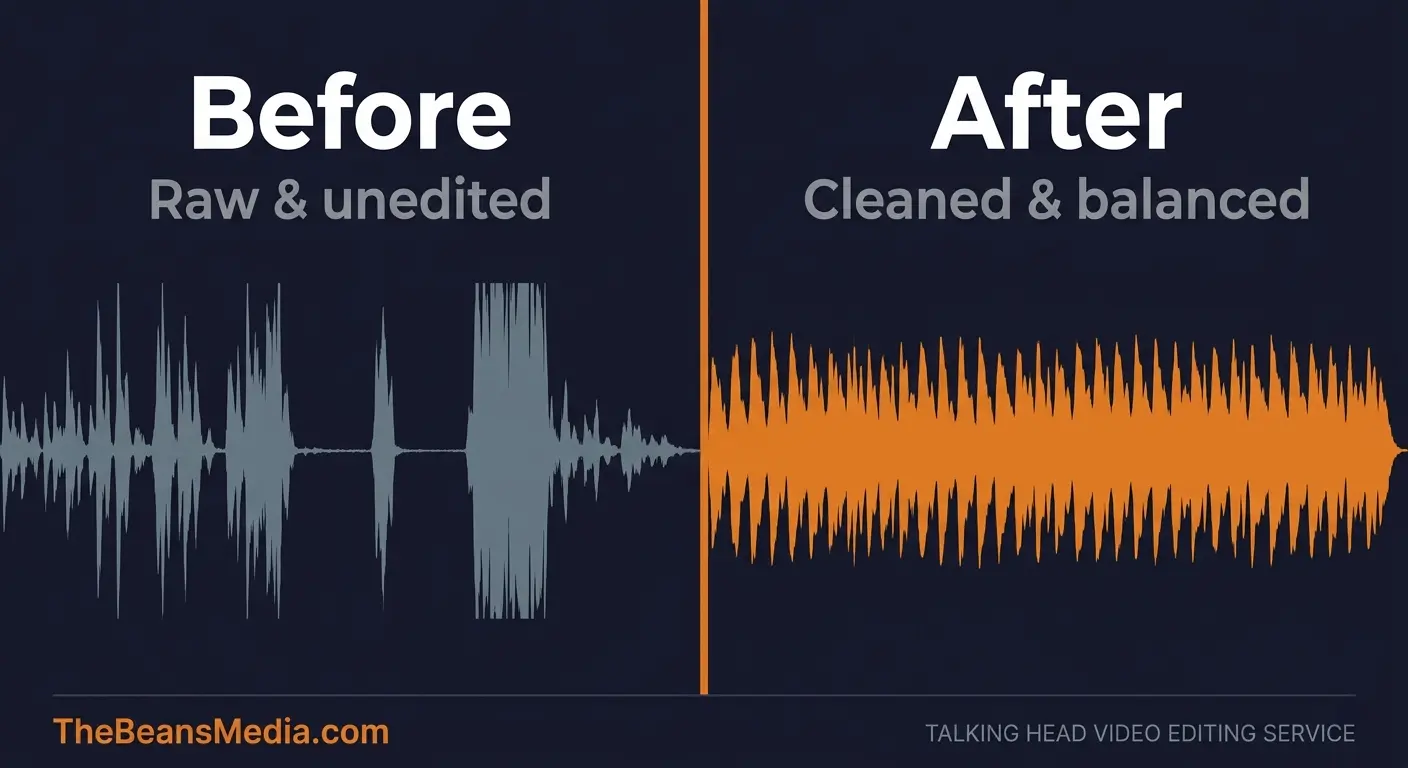 Audio waveform before and after professional video editing cleanup