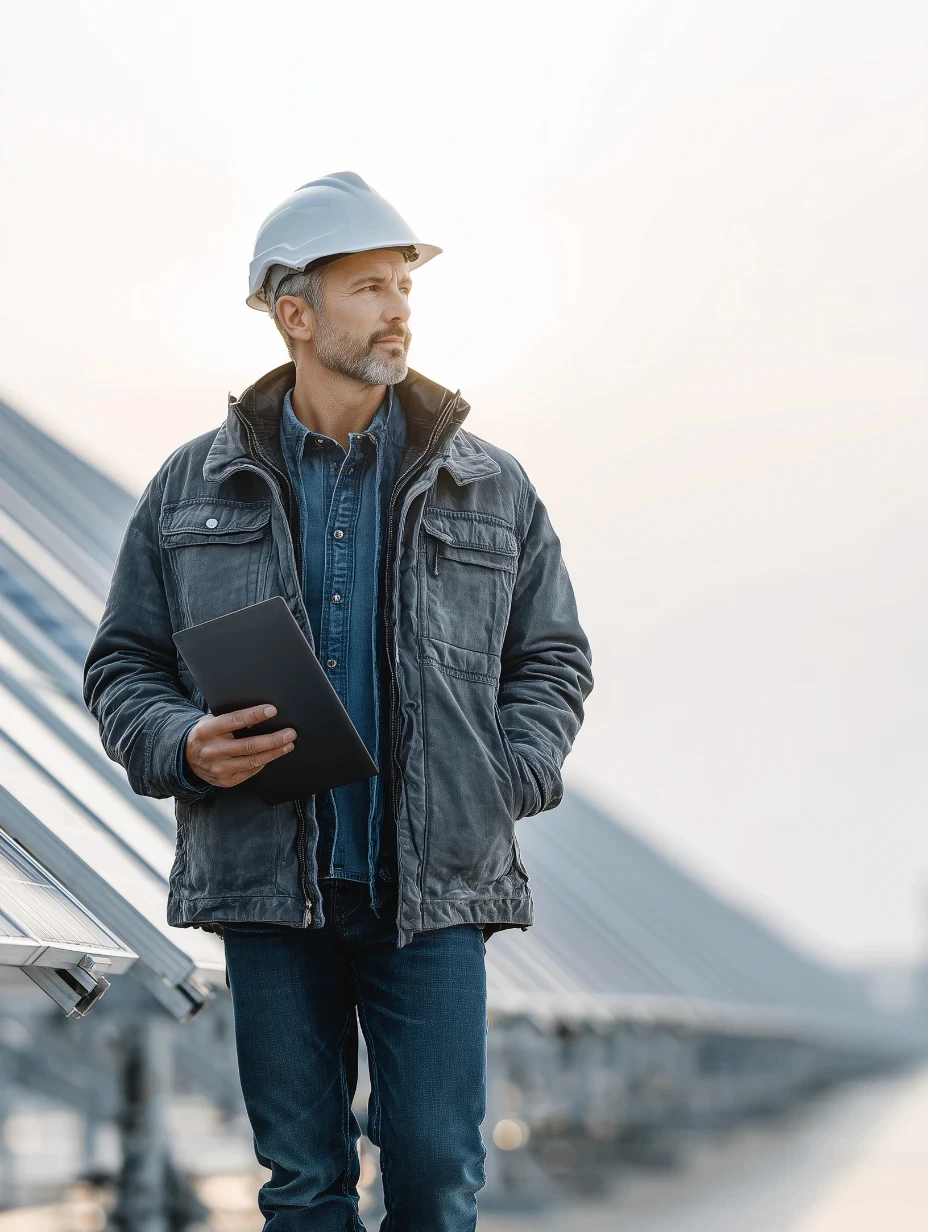 solar worker walking on roof