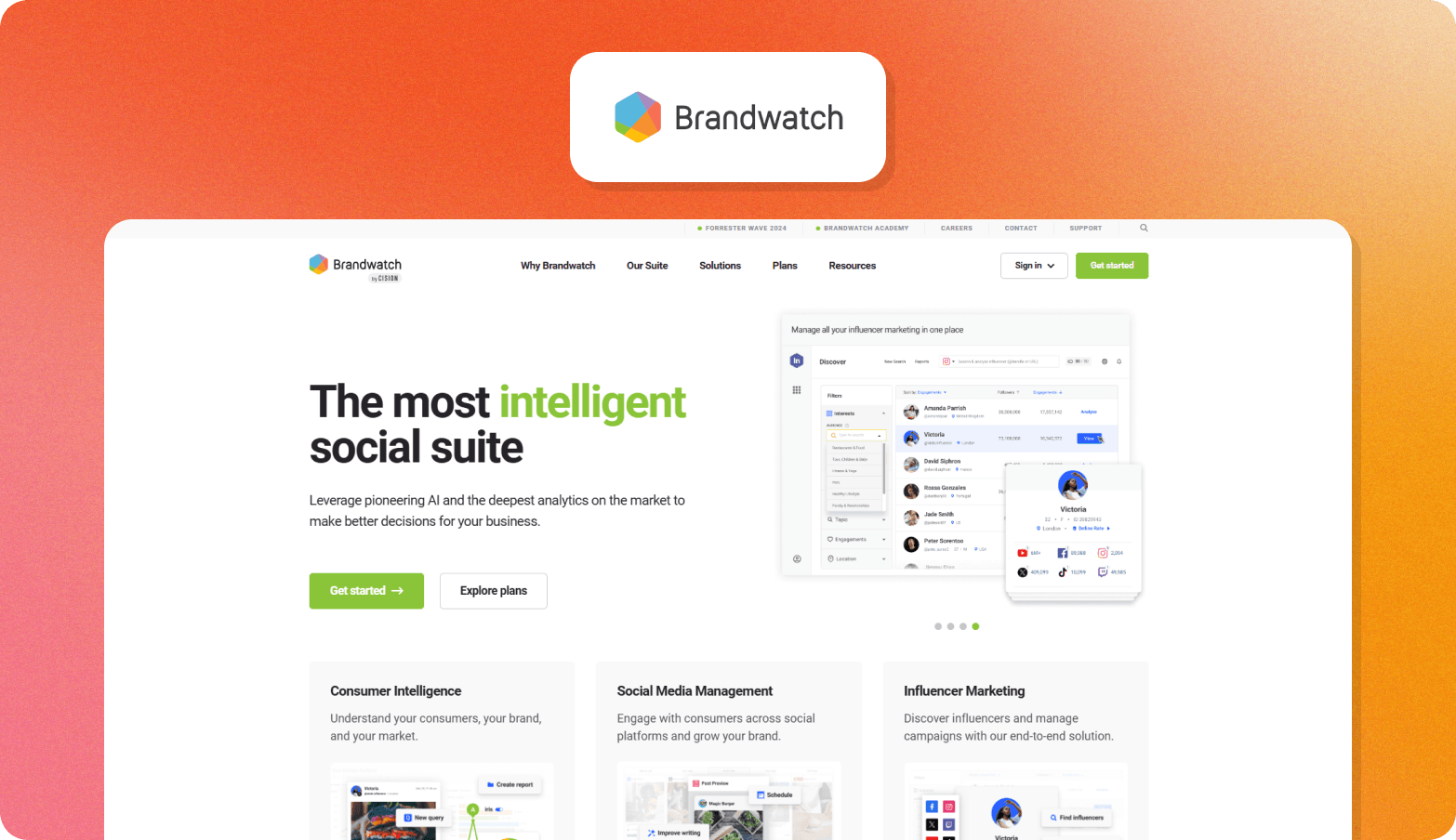 Screenshot of the Brandwatch homepage, headlined "The most intelligent social suite," describing it as leveraging pioneering AI and deep analytics to support better business decisions. A product UI preview shows an influencer discovery dashboard with profiles and social media follower counts. Three feature sections are visible at the bottom: Consumer Intelligence, Social Media Management, and Influencer Marketing. The Brandwatch logo — a multicolour hexagon icon — appears above the browser screenshot on an orange gradient background.