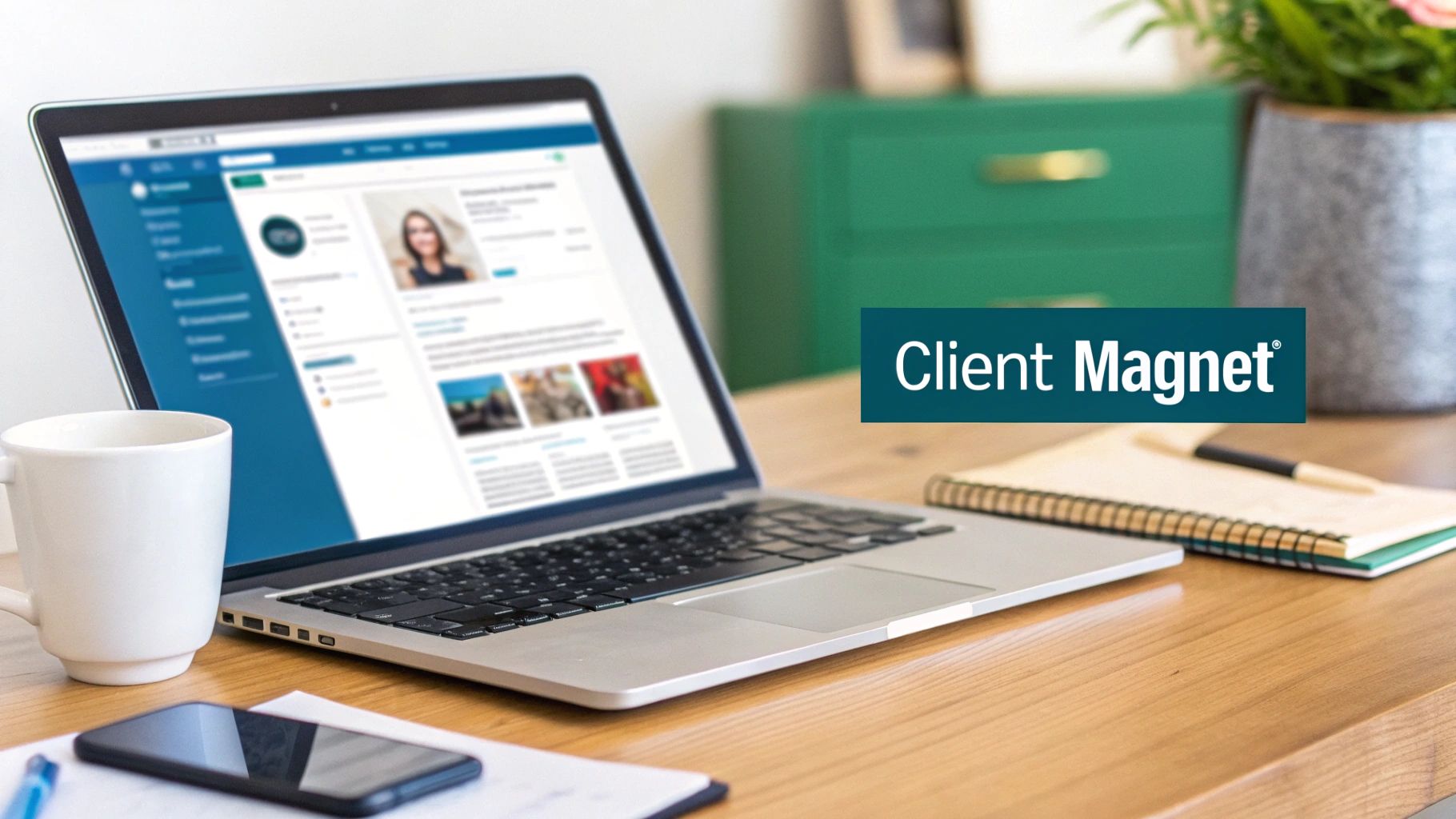 A laptop displaying a LinkedIn profile page on a wooden desk with a coffee mug, smartphone, and notepad.