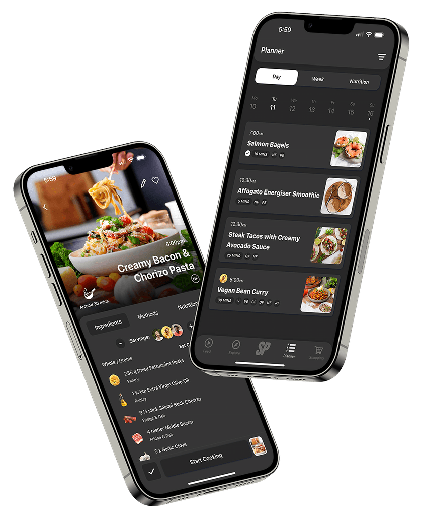 Two Phones on SP Nutrition App - Recipe view & Day view