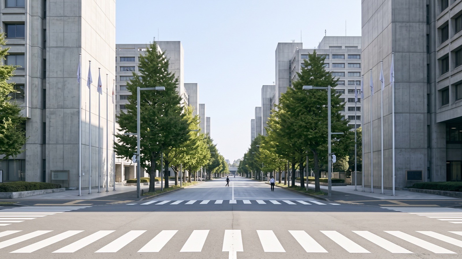 平日の官庁街の街路。国の施策がどこまで進んだかを毎月追う定点レポートであることを示す。