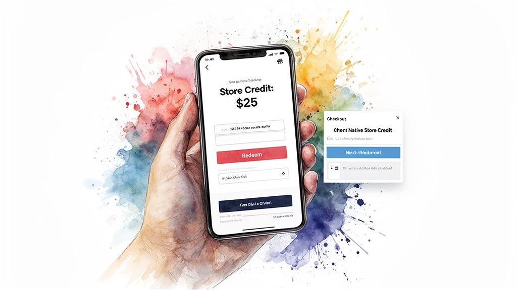 A hand holding a smartphone showing a $25 store credit redeem page and a checkout pop-up.