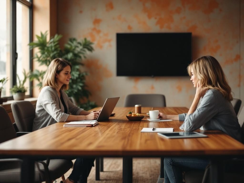 Two women sitting at a table in a modern office, one working on a laptop and the other having coffee.