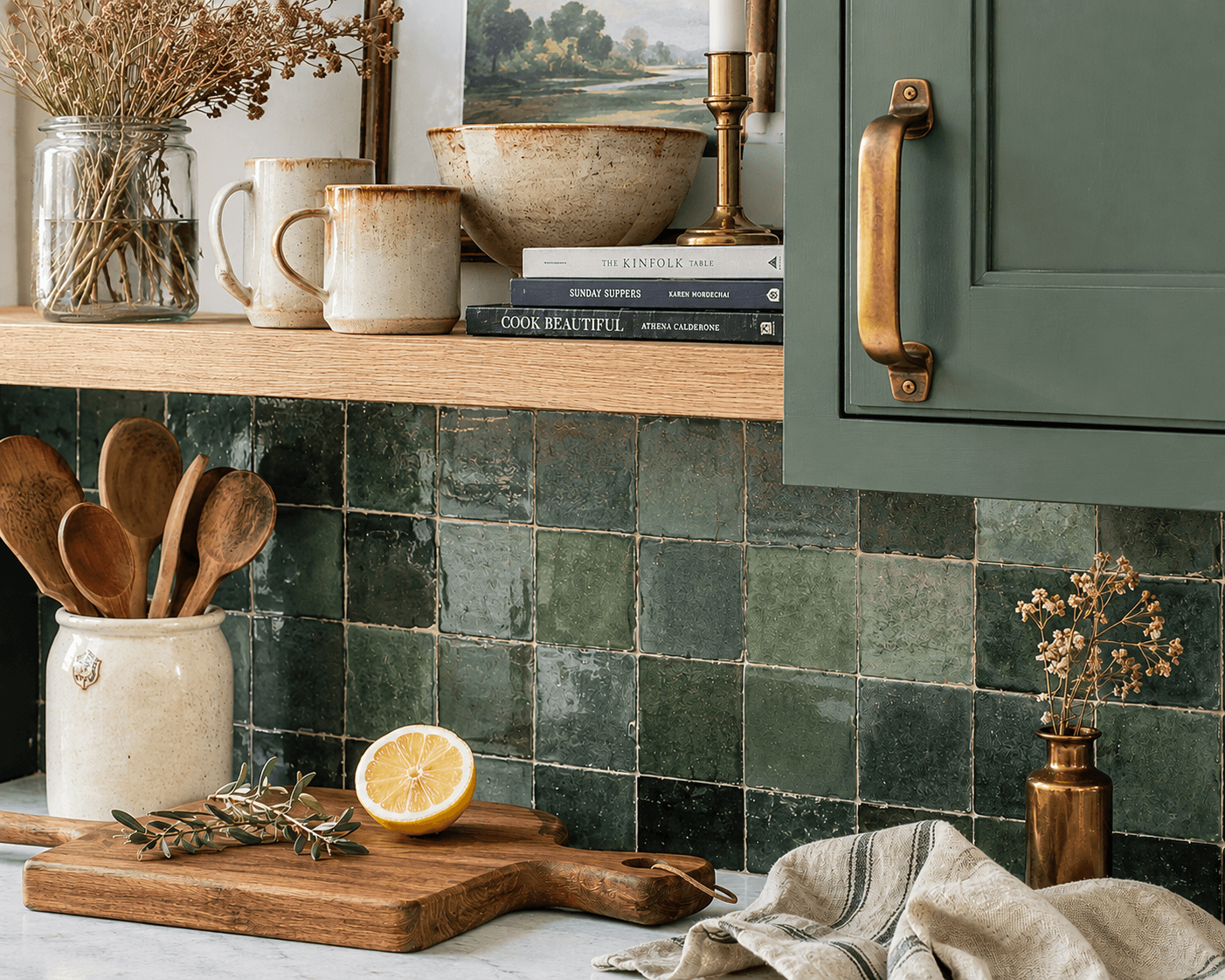 Cottagecore kitchen countertop with green tile backsplash, wooden utensils in a ceramic holder, cutting board with lemon and herbs, vintage mugs, dried flowers, and cookbooks including 'The Kinfolk Table,' 'Sunday Suppers,' and 'Cook Beautiful' on a wooden shelf, next to a green cabinet with brass handle.