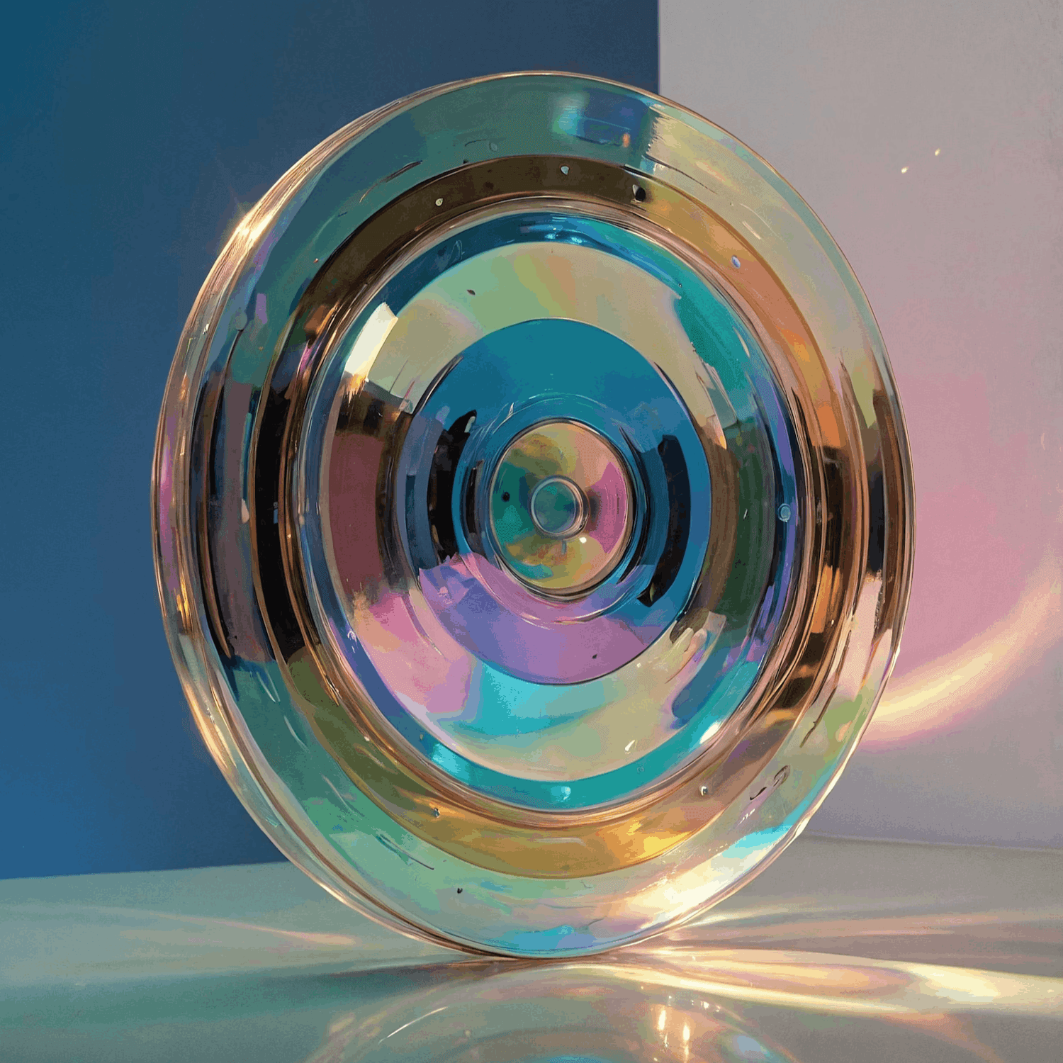 Colorful circular glass art installation with reflective layers