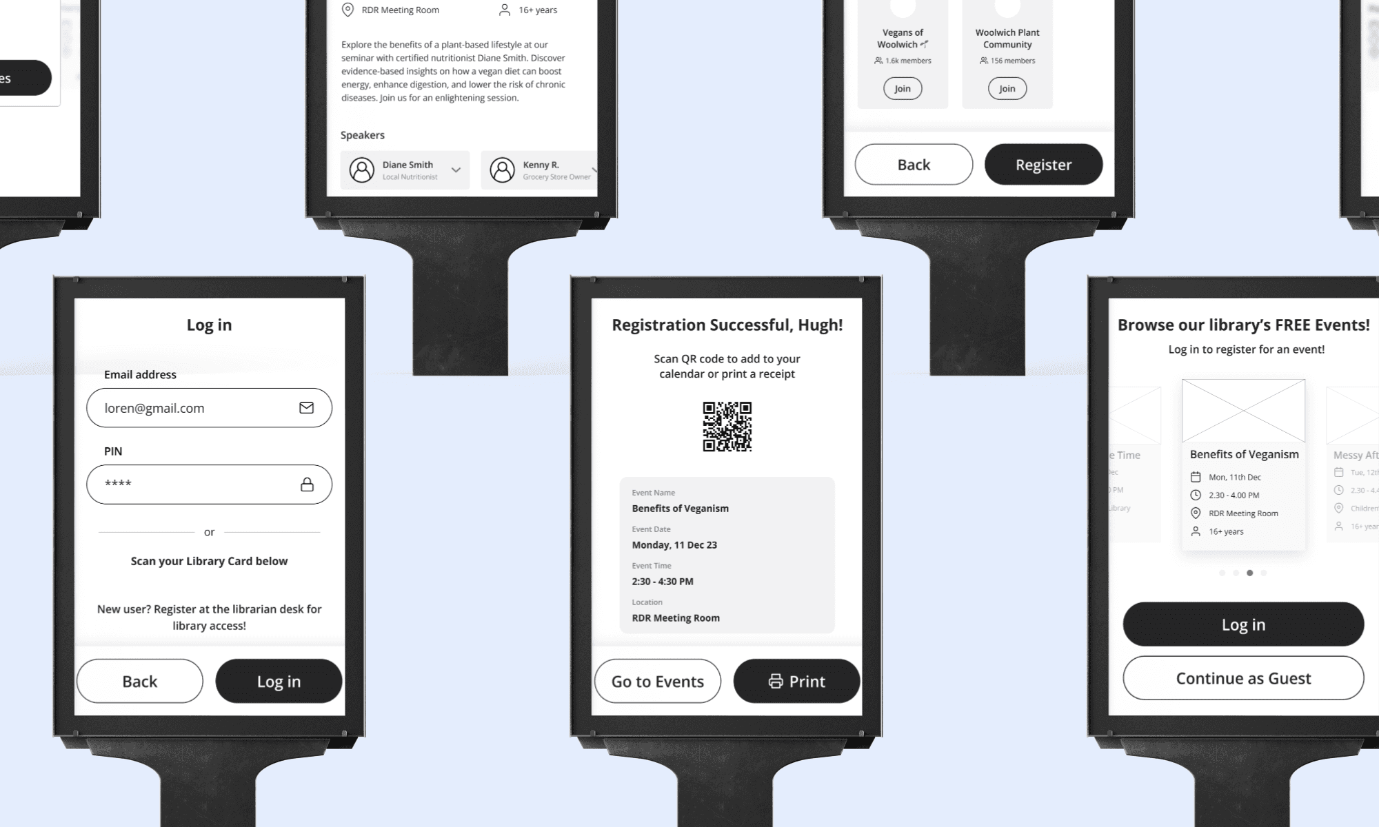 A series of kiosks screens showing the wireframes created for this project. Screens are black and white and include some of the functions created for the product.