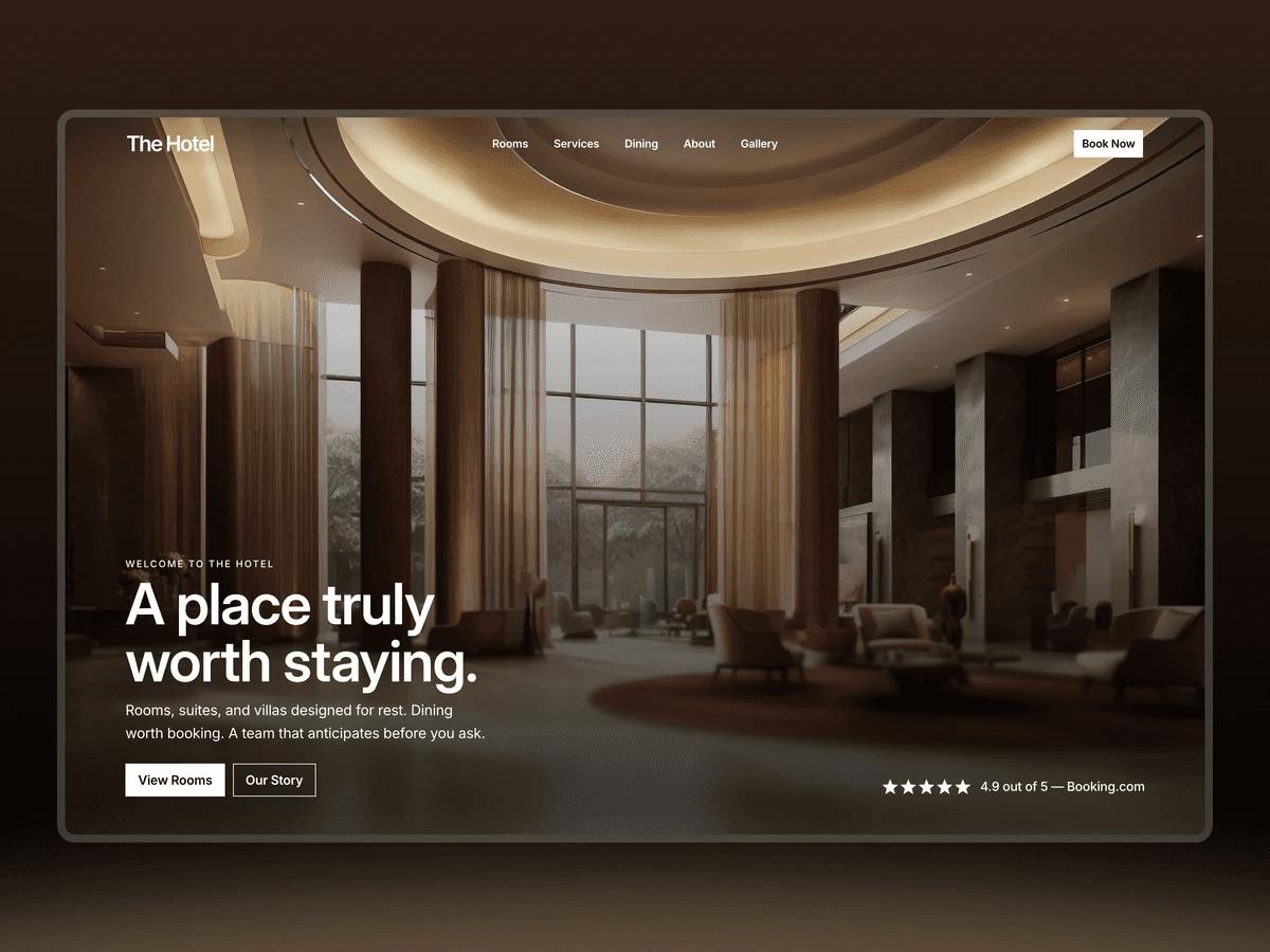 The Hotel Framer template homepage featuring a luxury hotel lobby and booking call to action