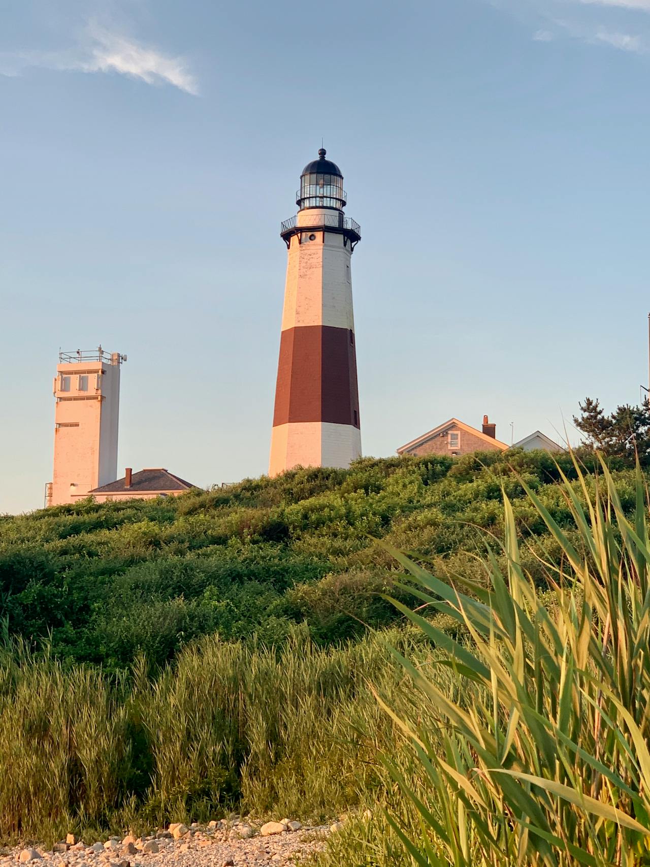 Montauk Point Lighthouse surrounded by lush greenery and coastal vegetation, representing a key landmark in Long Island's scenic tours offered by States Car Service.