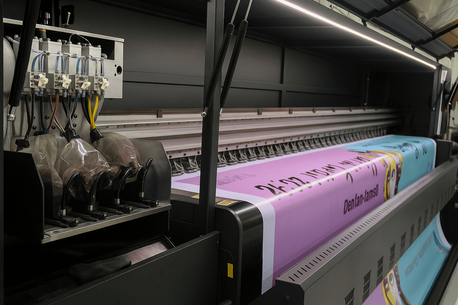 Machine d'impression industrielle en Martinique du Graveur produisant de grandes bannières colorées. Les tubes d'encre et les rouleaux sont visibles, suggérant un processus high-tech et efficace.