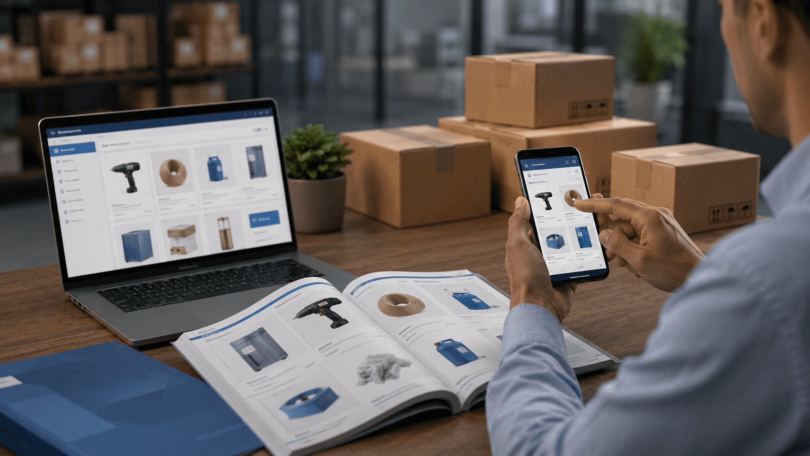 Ilustração 3D realista em formato 16:9 mostrando um ambiente moderno de vendas B2B. Sobre uma mesa de escritório há três canais digitais sendo utilizados ao mesmo tempo: um notebook exibindo um portal próprio com catálogo de produtos, um catálogo físico aberto com itens e preços representando pedidos digitais, e um smartphone simulando um aplicativo de representante comercial. Ao fundo, caixas de envio e ambiente corporativo reforçam o contexto de distribuição e atacado. Cena integrada, sem divisões visuais, com iluminação profissional e aparência tecnológica.