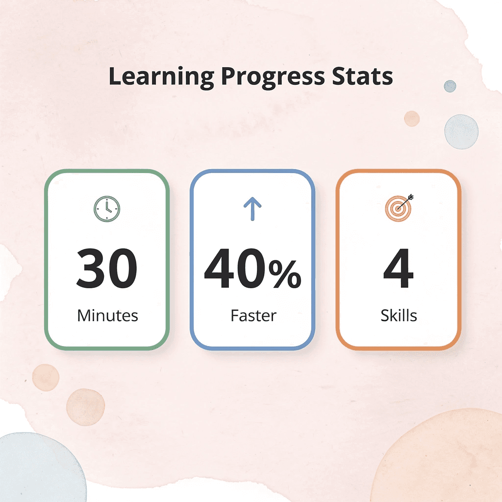 Statistics showing 30 minutes daily practice leads to 40% faster progress across 4 language skills