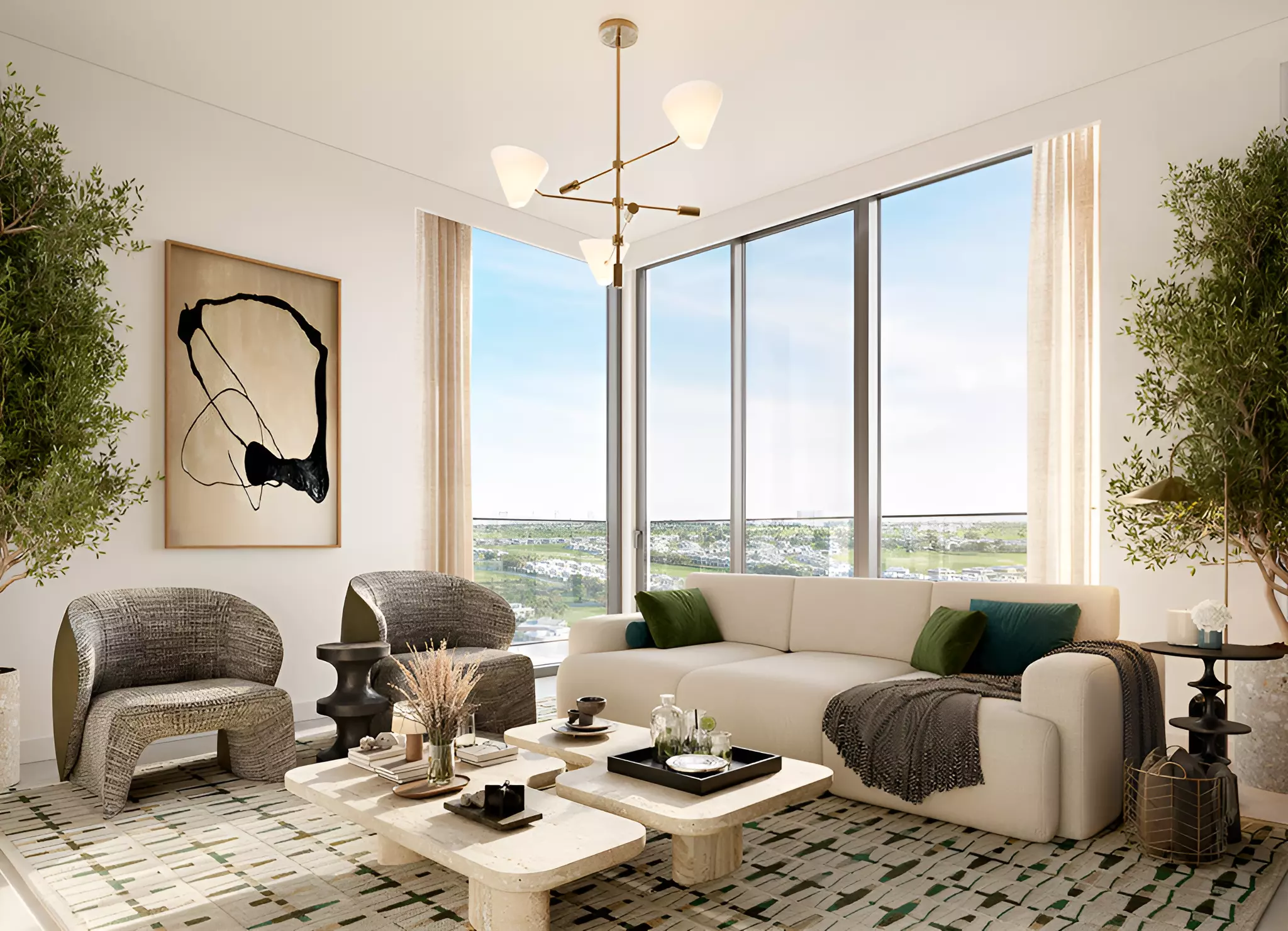 Modern living room with large windows and green landscape views in Vida Residences Club Point, Dubai Hills Estate