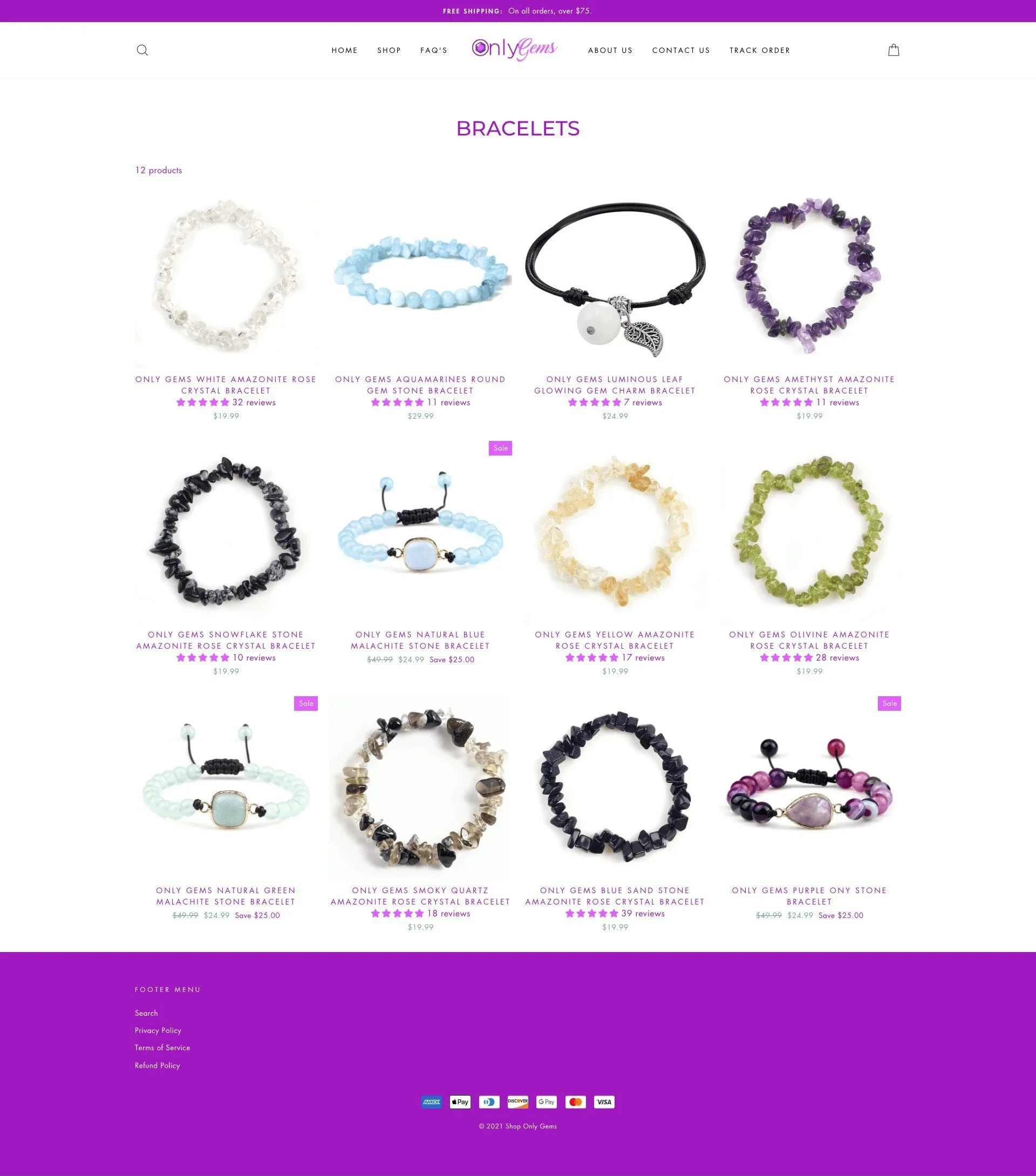 Bracelets page for shoponlygems website developed & designed by Dreams Agency Mississauga, Ontario