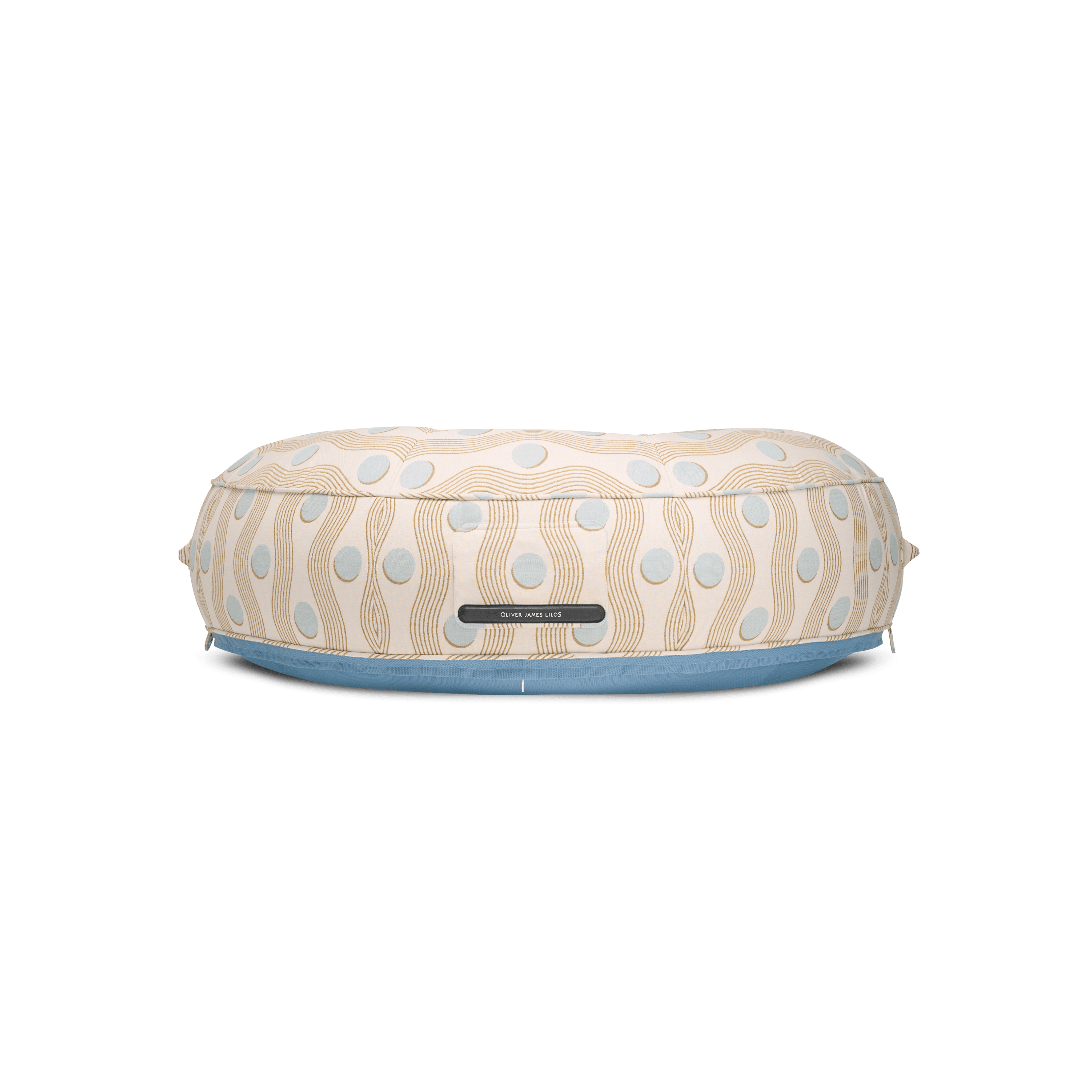 Ring pool float showing cream geometric-weave panels and light blue base
