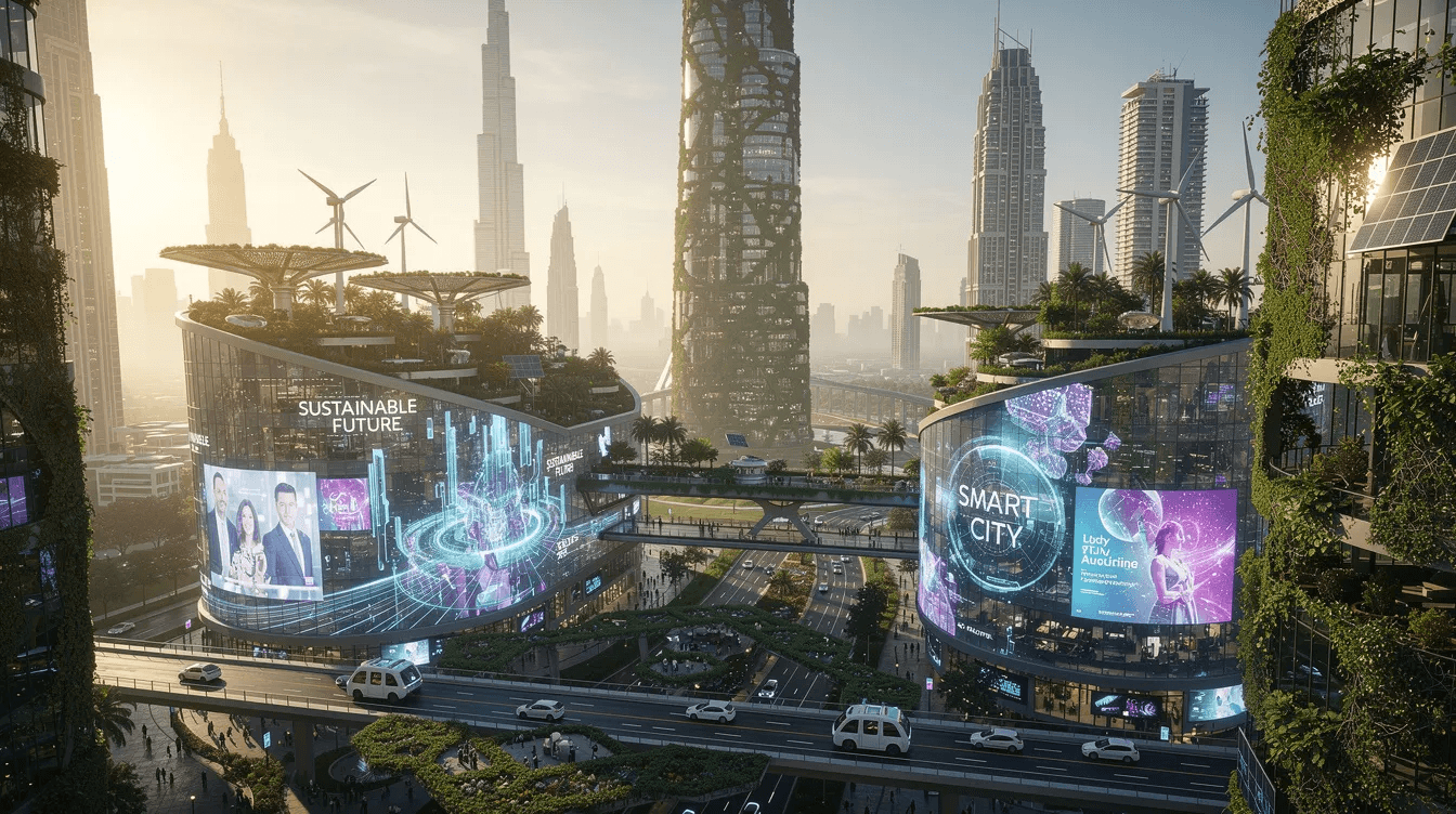 The image depicts a futuristic Dubai cityscape featuring sustainable green buildings integrated with digital screens, showcasing innovative urban architecture. This vibrant scene highlights the creative design solutions that a design agency in Dubai might offer, reflecting a commitment to sustainability and modernity.