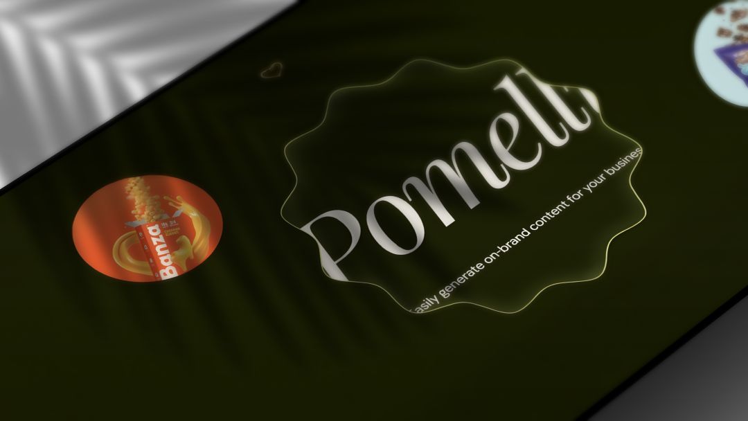 Google Pomelli logo centered on a dark background, surrounded by floating brand assets like product packaging, color swatches, and typography samples to illustrate on-brand AI content generation.