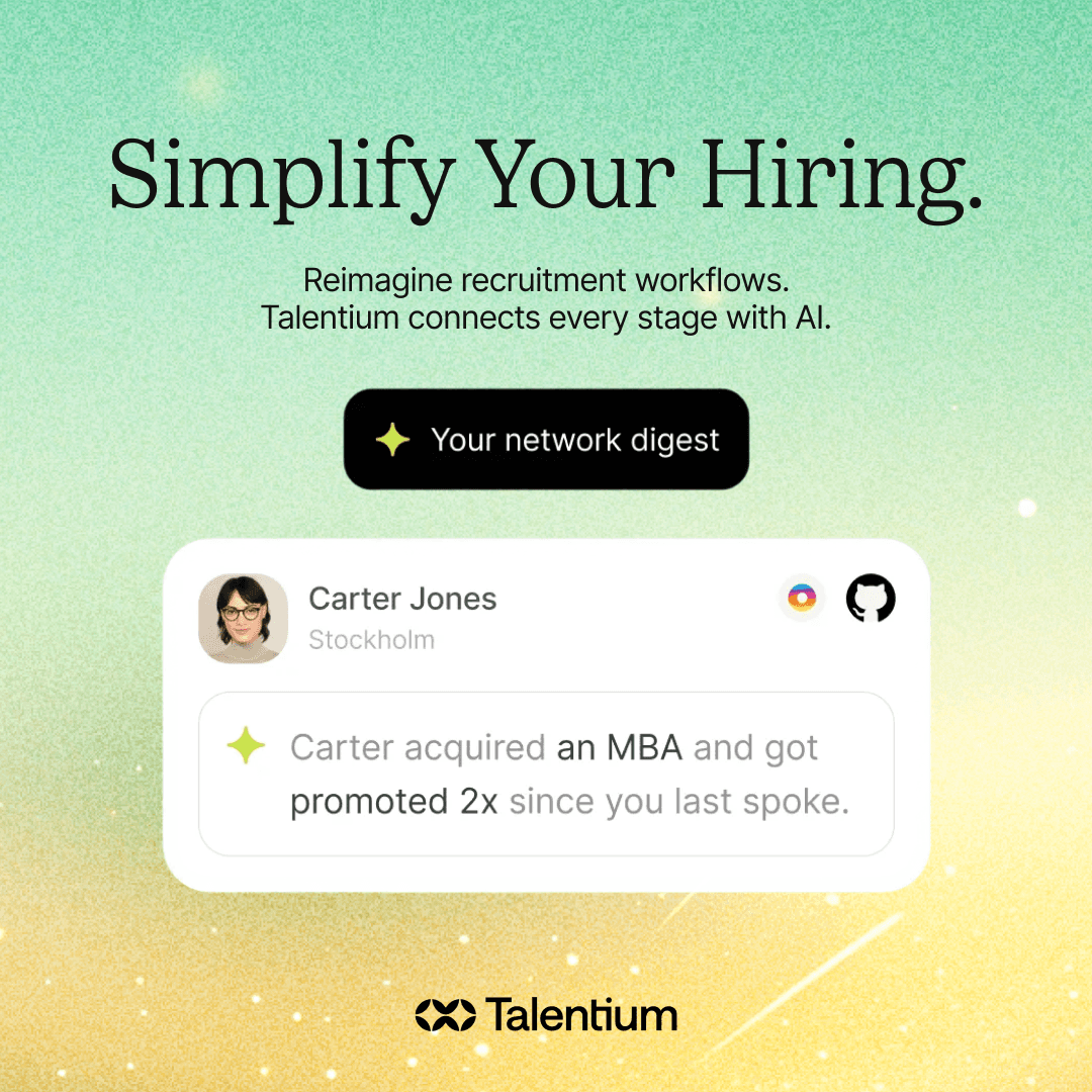 A digital advertisement for an AI-powered hiring platform, showing a headline and a sample candidate update.
