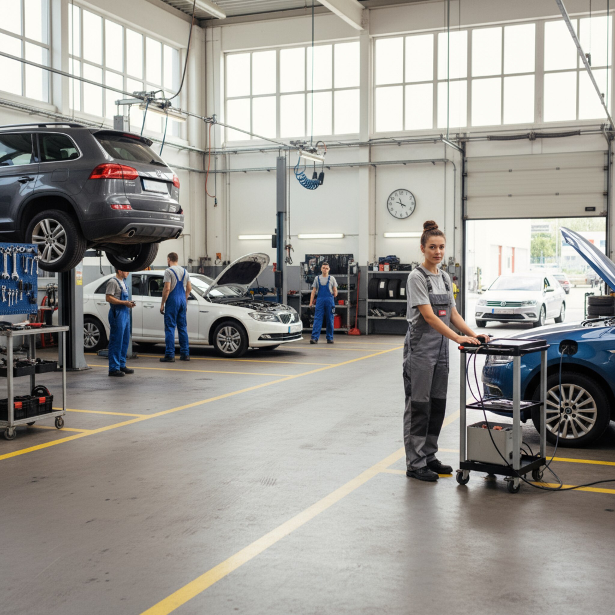 Eine Werkstatthalle mit drei belegten Plätzen: Zwei Fahrzeuge auf den Bühnen, am dritten arbeitet eine Mechatronikerin an einem Diagnosegerät auf einem Rollwagen. Ein Ersatzwagen steht startklar vor dem Tor. Zwischen den Plätzen bleiben freie Wege, gelbe Markierungen gliedern die Bereiche. Alles wirkt strukturiert und vorbereitet.