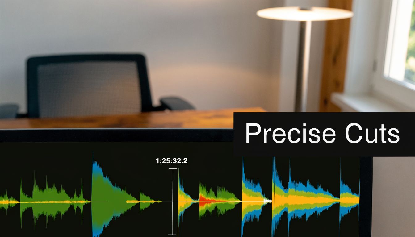 A close-up view of an audio editing software interface showing a sound waveform and timeline with precise cuts.