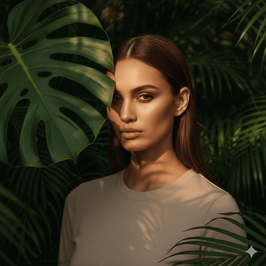 Woman posing behind a large tropical leaf in dark jungle.