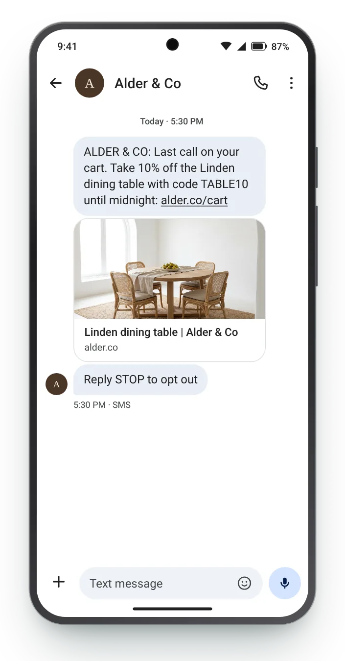 Last reminder with a code abandoned cart SMS on an Android phone