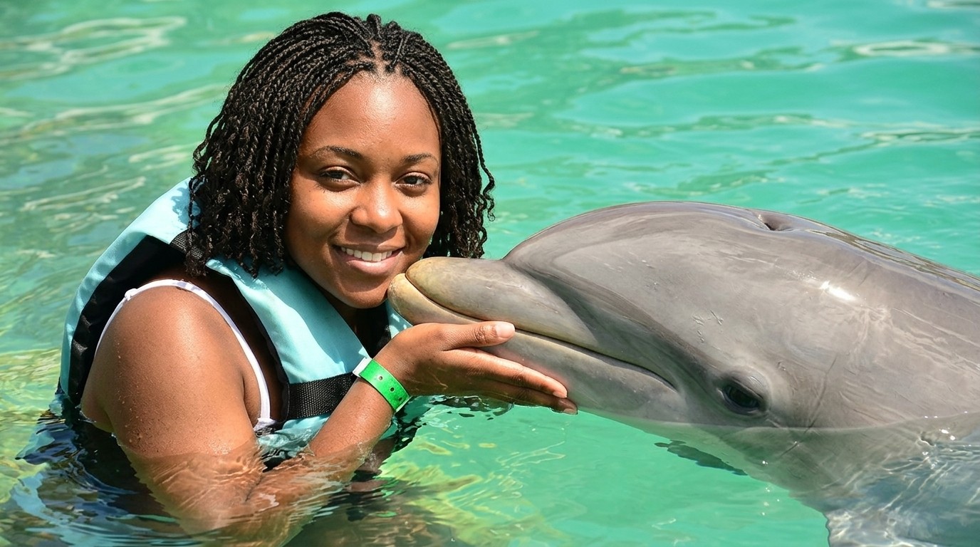 Smiling woman in turquoise water petting a dolphin.