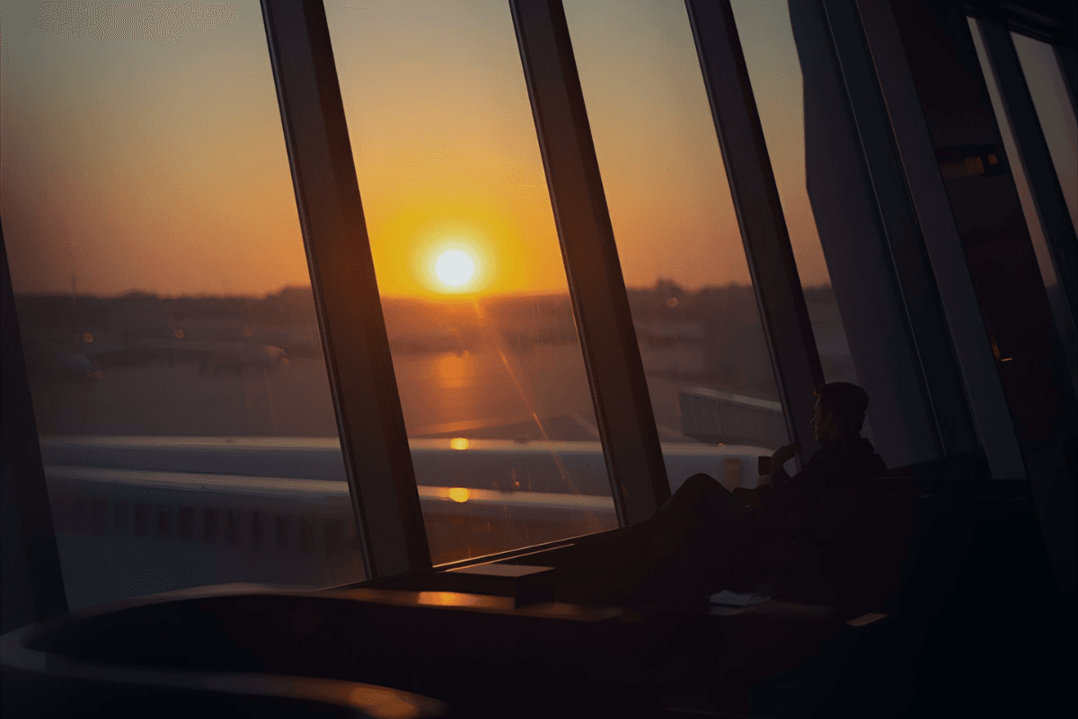 Elegant airport lounge with a traveler seated by large windows facing the runway at sunset, symbolising international mobility and residency-by-investment lifestyle.