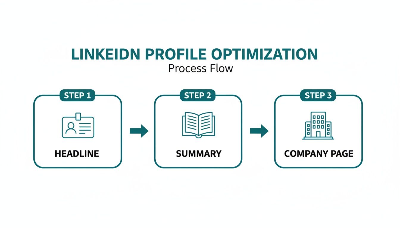 A process flow diagram showing LinkedIn profile optimization steps: Headline, Summary, and Company Page.
