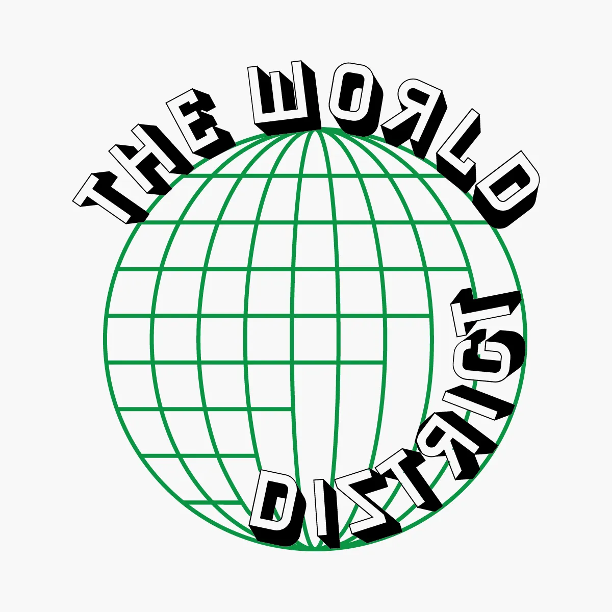 100 Logos #32: The World District wordmark in 3D extruded type wrapped around a wireframe globe