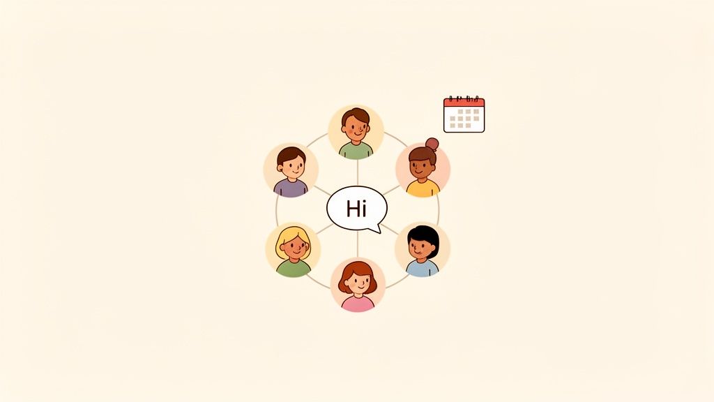 Illustration showing a diverse team welcoming new members with a 'Hi' message and calendar icon.