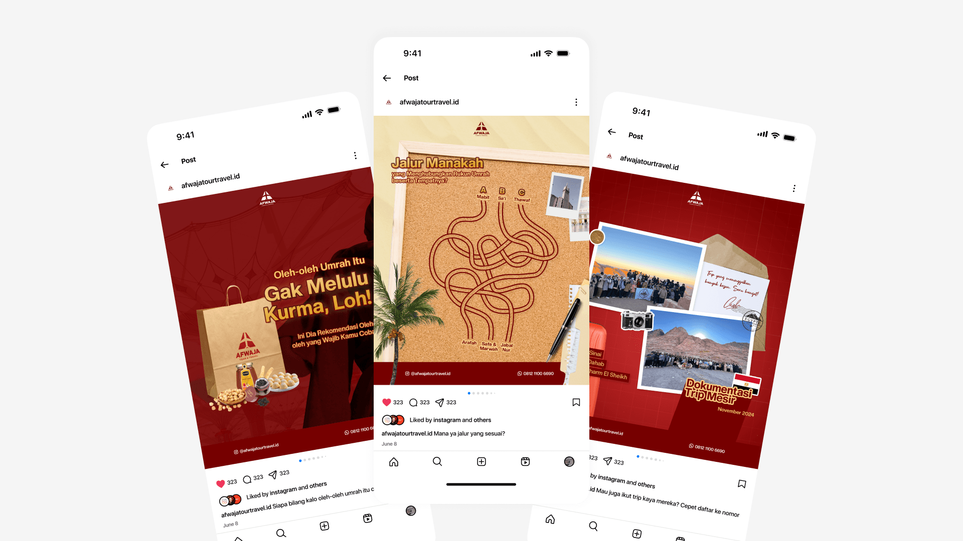 Three smartphone screens display social media posts with an Umrah travel theme. Each features red and beige tones, maps, dates, and travel photos, suggesting an informative yet inviting vibe.
