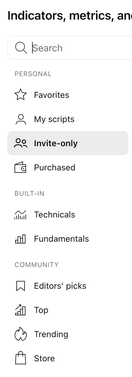 The Indicators dialog in TradingView with the Invite-only script category selected in the left-hand column.