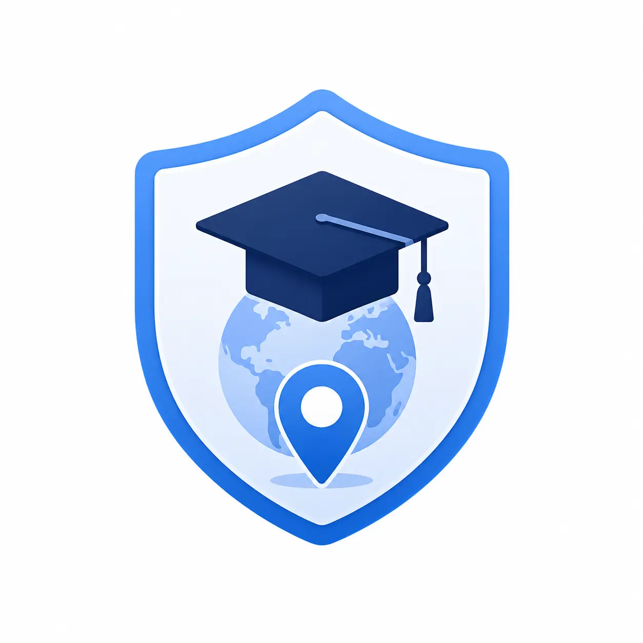 Shield, graduation cap, globe and location pin icon representing reassurance and support before moving abroad to study